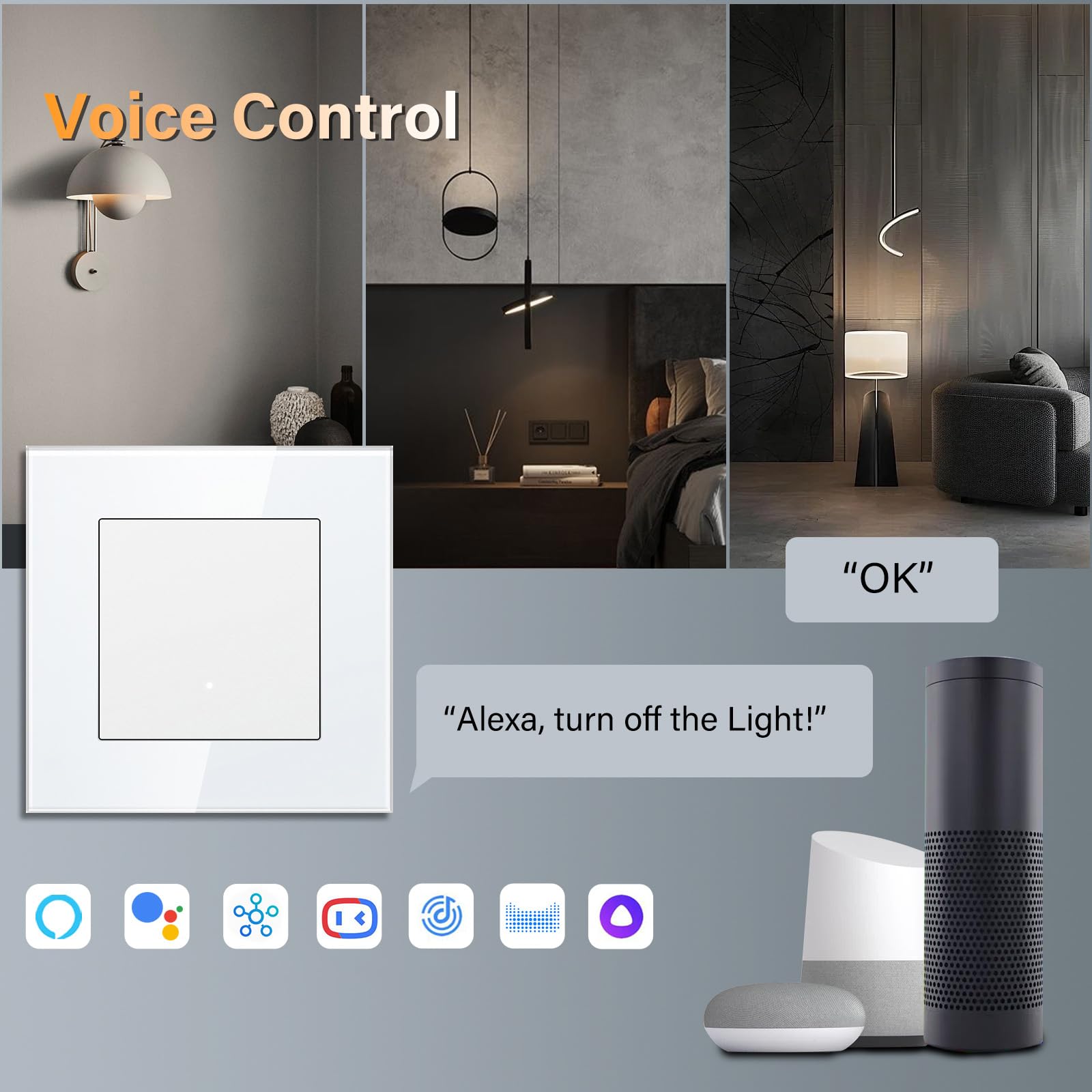 BSEED Interruptor Inteligente WIFI con Vidrio,Basculante Con Pilotitos LED,Requiere Cable Neutro,E-Series,1 Gang 1 Vía,86mm Blanco