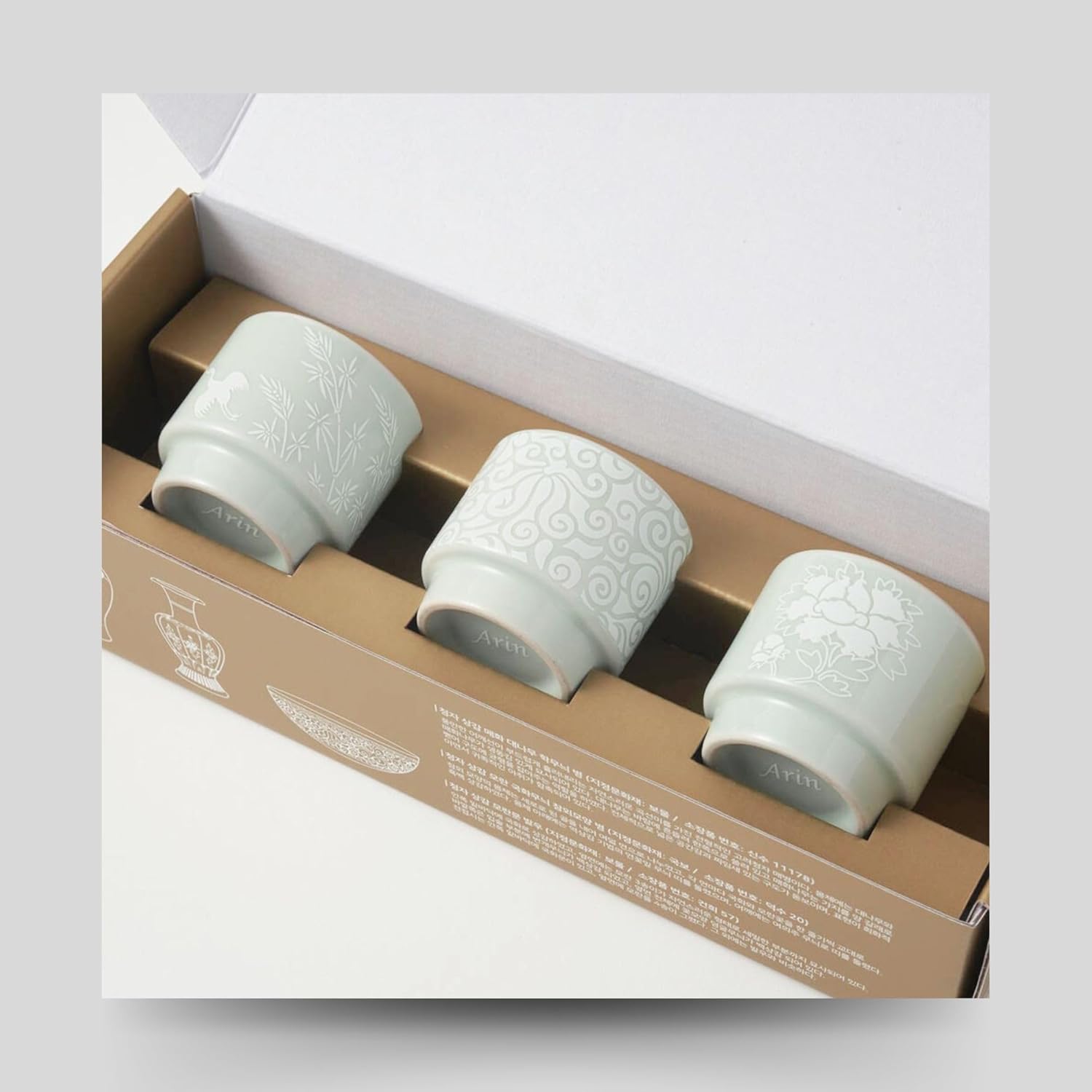 MU:DS Korean Celadon Cup Set – Handcrafted 3-Piece Ceramic Drinkware with Traditional Patterns, Perfect for Korean Alcohol, Tea, and Desserts