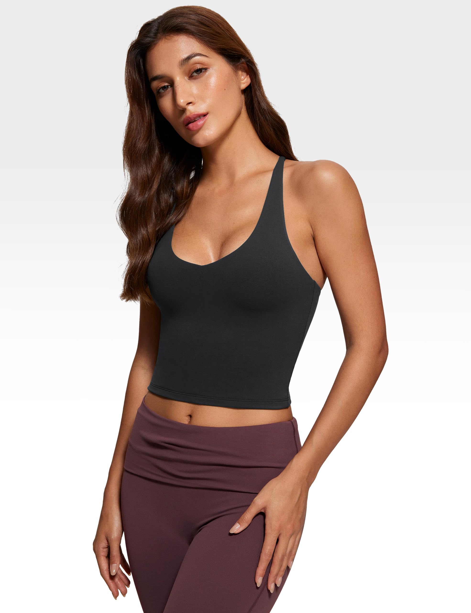 INGIA Camiseta sin mangas con cuello en V para mujer, doble forro, sin relleno, tirantes cruzados, espalda con tirantes, informal, ombliguera
