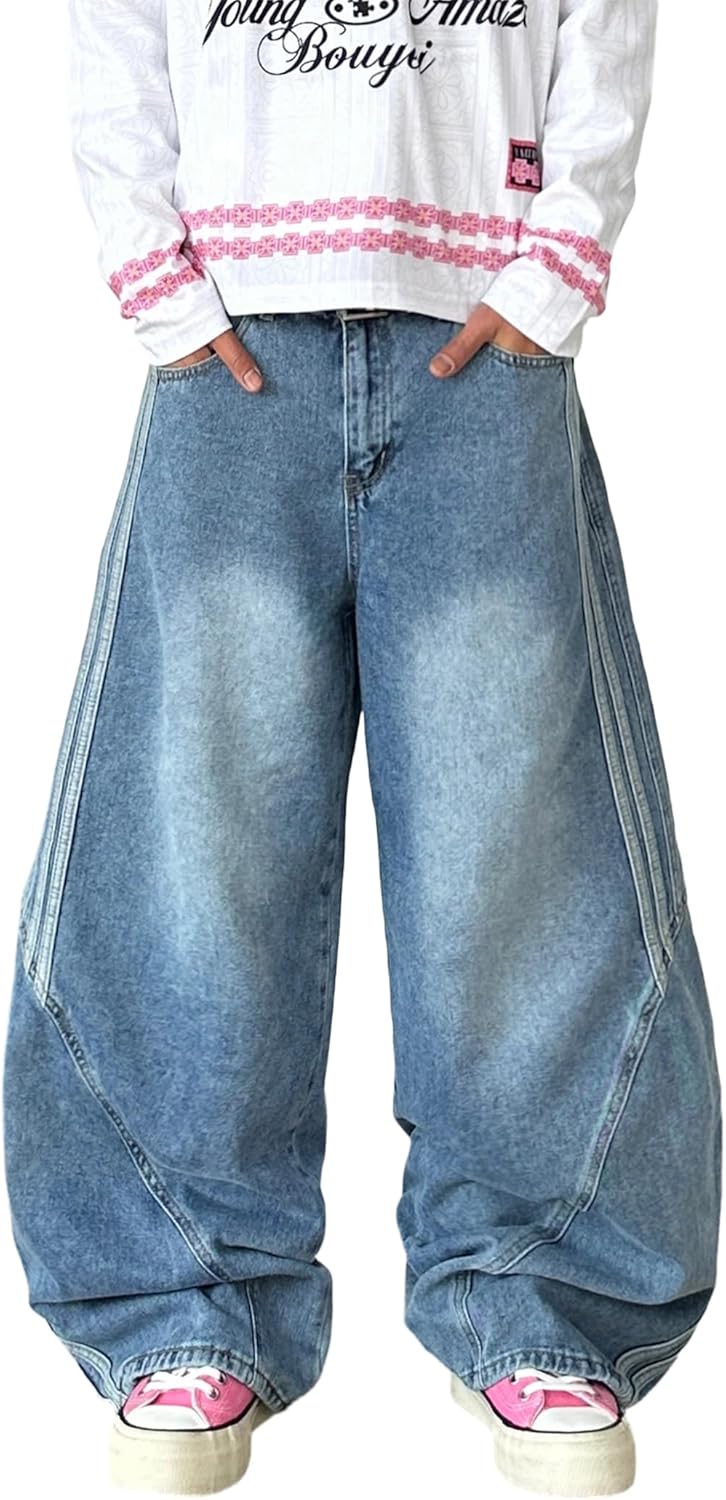 Men's Wide Leg Jeans Irregular Sutures Baggy Pants Loose Fit Skater Jeans Trousers with Pockets