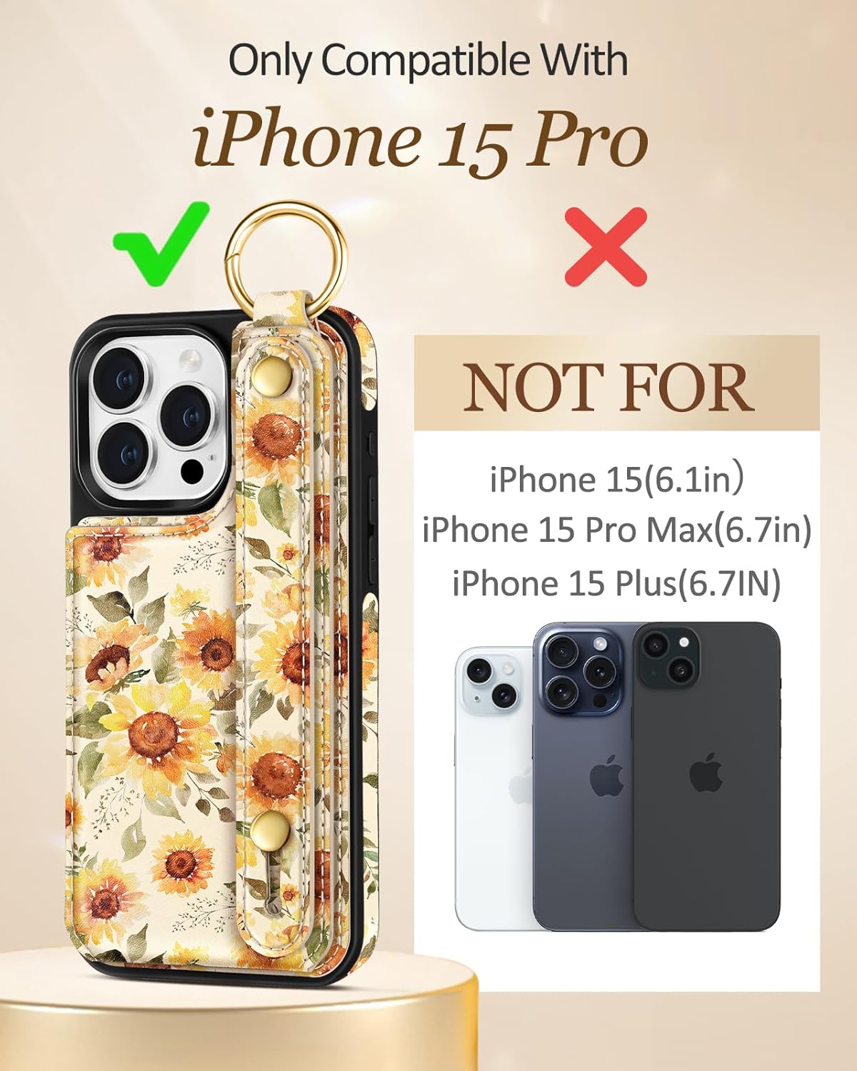 Petitian for iPhone 15 Pro Case with Wallet - Women Girls Cute Girly Aesthetic Unique Design with Leather Credit Card Holder Cardholder Stand Wristband for Apple 15 Pro, Sunflower Sunflower iPhone 15 Pro