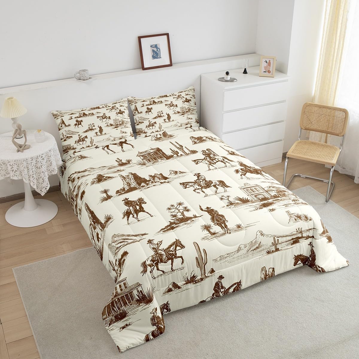 Cowboy Bedding Set Western Decor Comforter for Boys Teenagers Men,Wild West Illustration Bedding Grunge Retro Cowboy Design Decor Bed Comforter Set Southwestern Hat Shot Cactus Quilt Full Size - Image 2