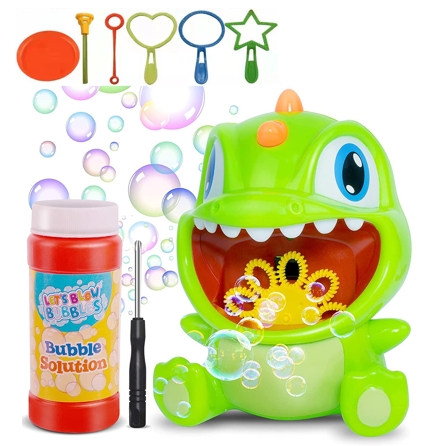 Bubble Machine, Dinosaur Automatic Bubble Maker with Bubble Solution & 5 Bubble Wands,1000+ Bubbles per Minute, Bubble Blower Toy for Kids, Easy to Use for Outdoor Parties Wedding Birthday Baby Bath