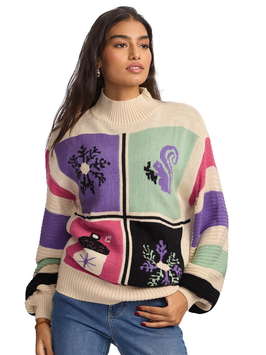 the souled store Woodland Women and Girls Long Sleeves Round Neck Beige Printed Acrylic Oversized Sweaters-picture-48