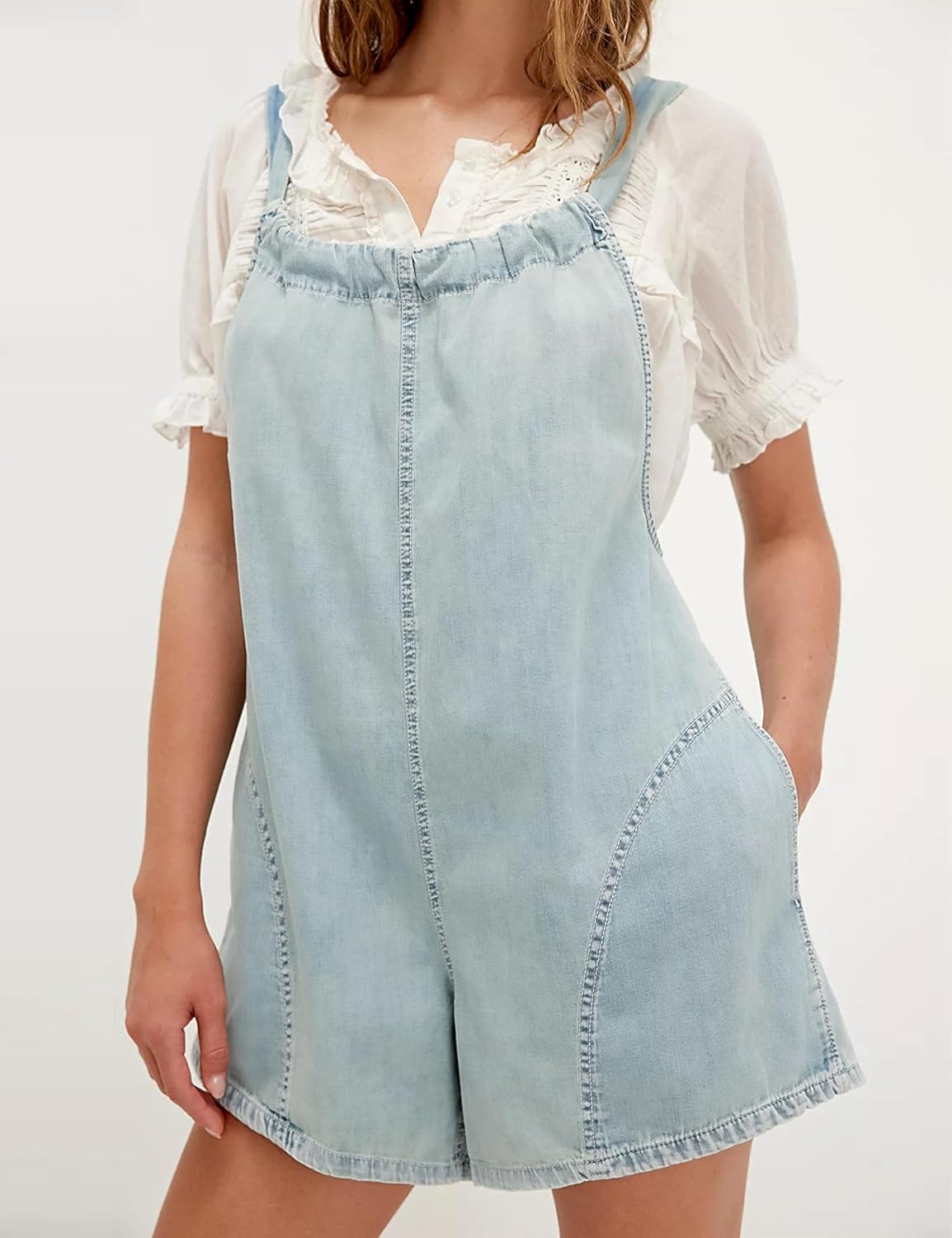 Women's Denim Romper Backless Loose Fit One-Piece Shorts Jumpsuit Adjustable Straps with Pockets - Image 3