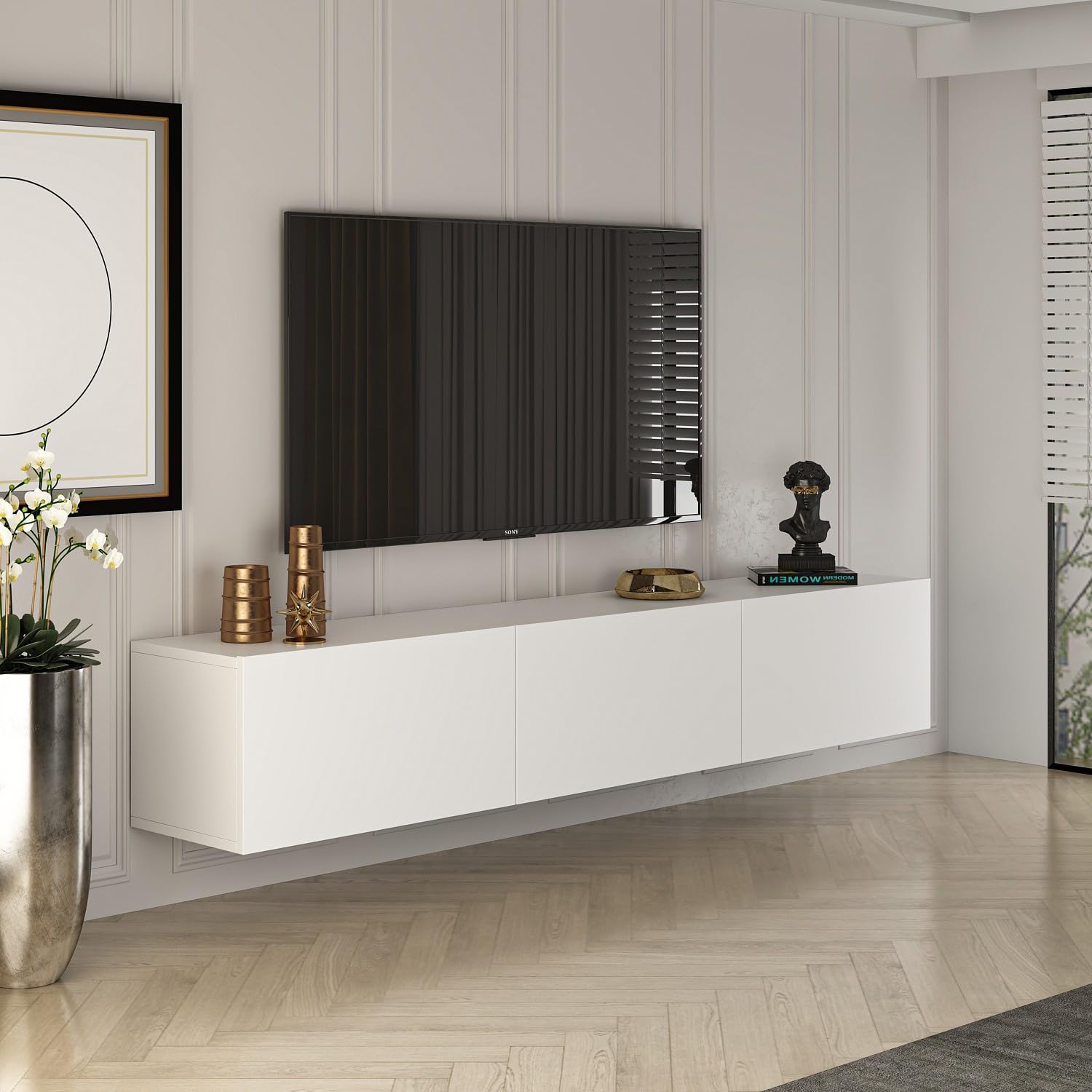 Hanah Home Elegante supporto per TV, 150 cm x 30 cm x 32 cm, 100% melamina rivestito in melamina, design moderno per spazi viventi e intrattenimento