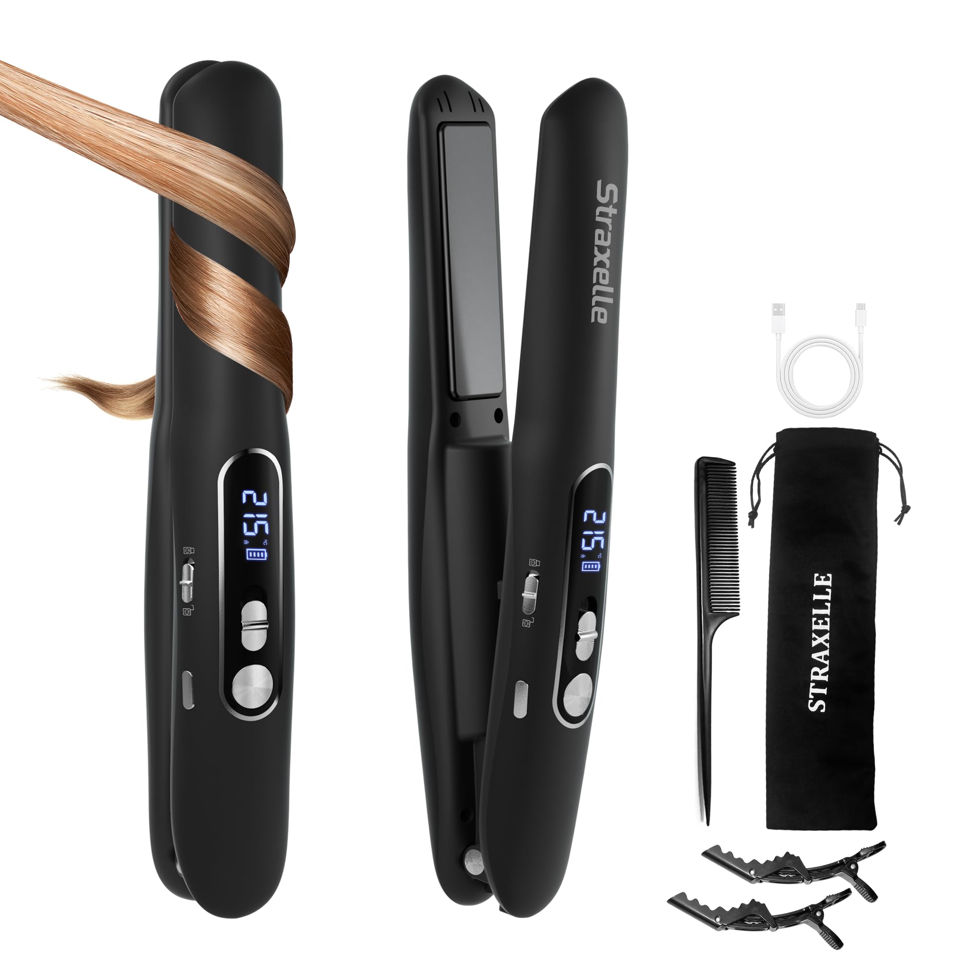 Mini Piastra da Viaggio per Capelli Senza Fili, 2 in 1 Piastra Capelli Senza Fili e Arricciacapelli, 175℃-215℃ Piastre per Capelli Corti per Donne/Uomini, 5000mAh Cordless Hair Straightener (Nero)