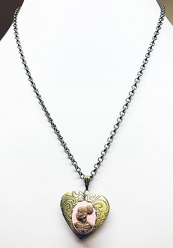 Antiqued Goldtone Pink and Brown African Lady Cameo Heart Locket Necklace