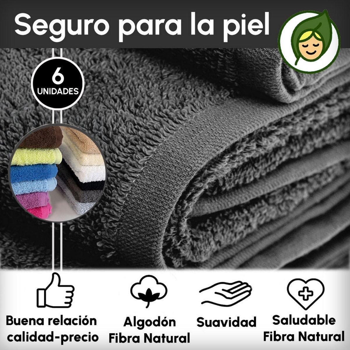 Juego de 6 Toallas Ducha Grandes Gris Oscuro 100% algodón de 150x100 cm | Tejido suave de gran gramaje con alta absorción. Aptas para lavadora, de uso diario.