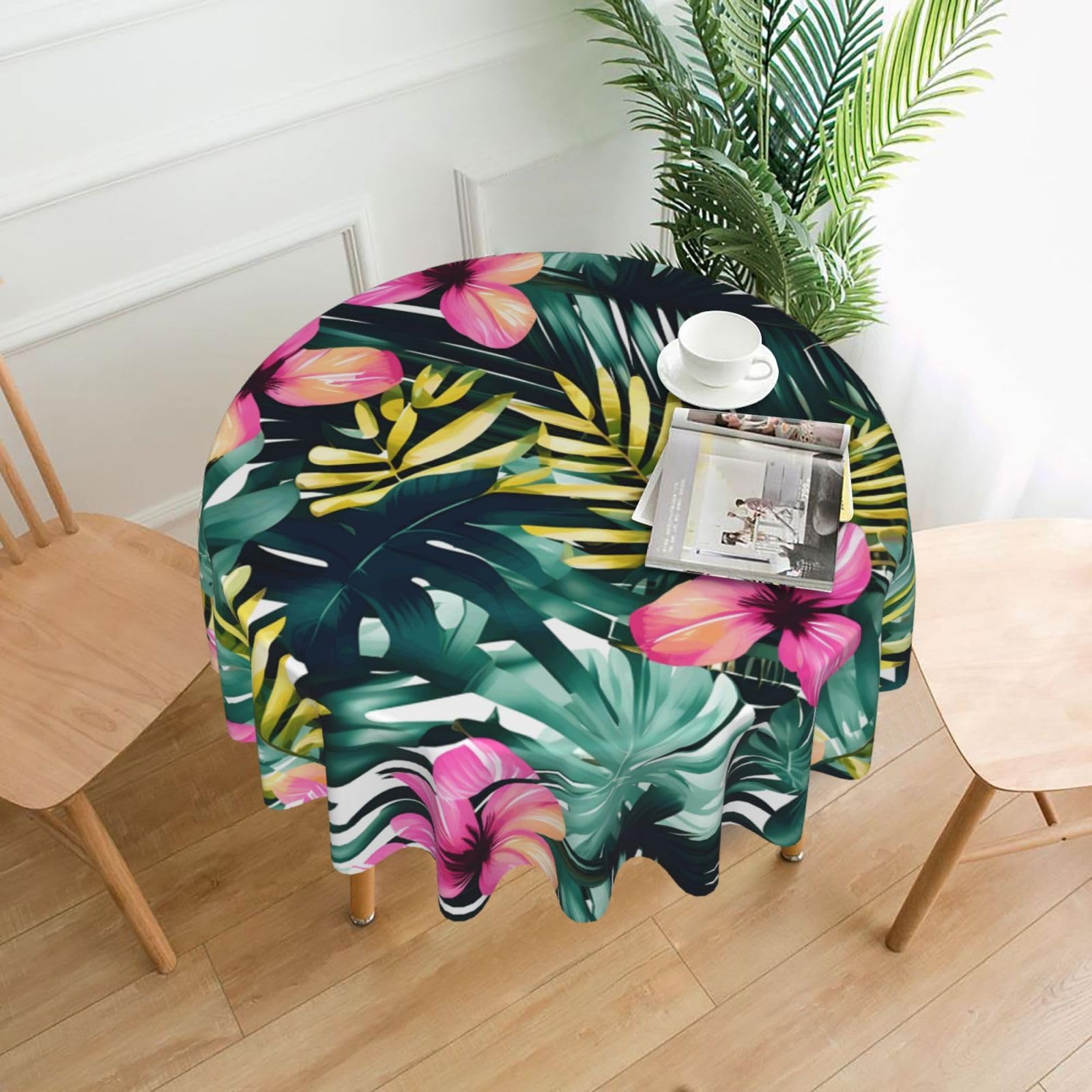 Nbtghga Tropical Summer Hawaiian Flower Palm Leaves Print Tablecloth Round Border Table Cloth Cover Decorative For Party Holiday Dinning Tabletop Home