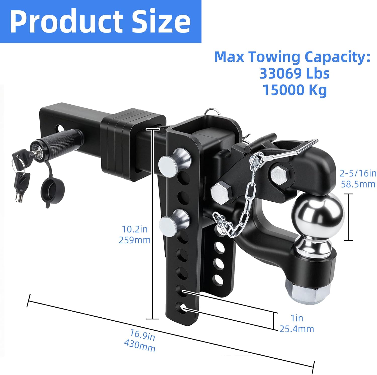 Adjustable Trailer Hitch for 2-Inch Receiver, 5-Inch Drop/Rise, Dual Ball 2-5/16 (33069LBS GTW), Trailer Hitches with Anti-Theft Pin
