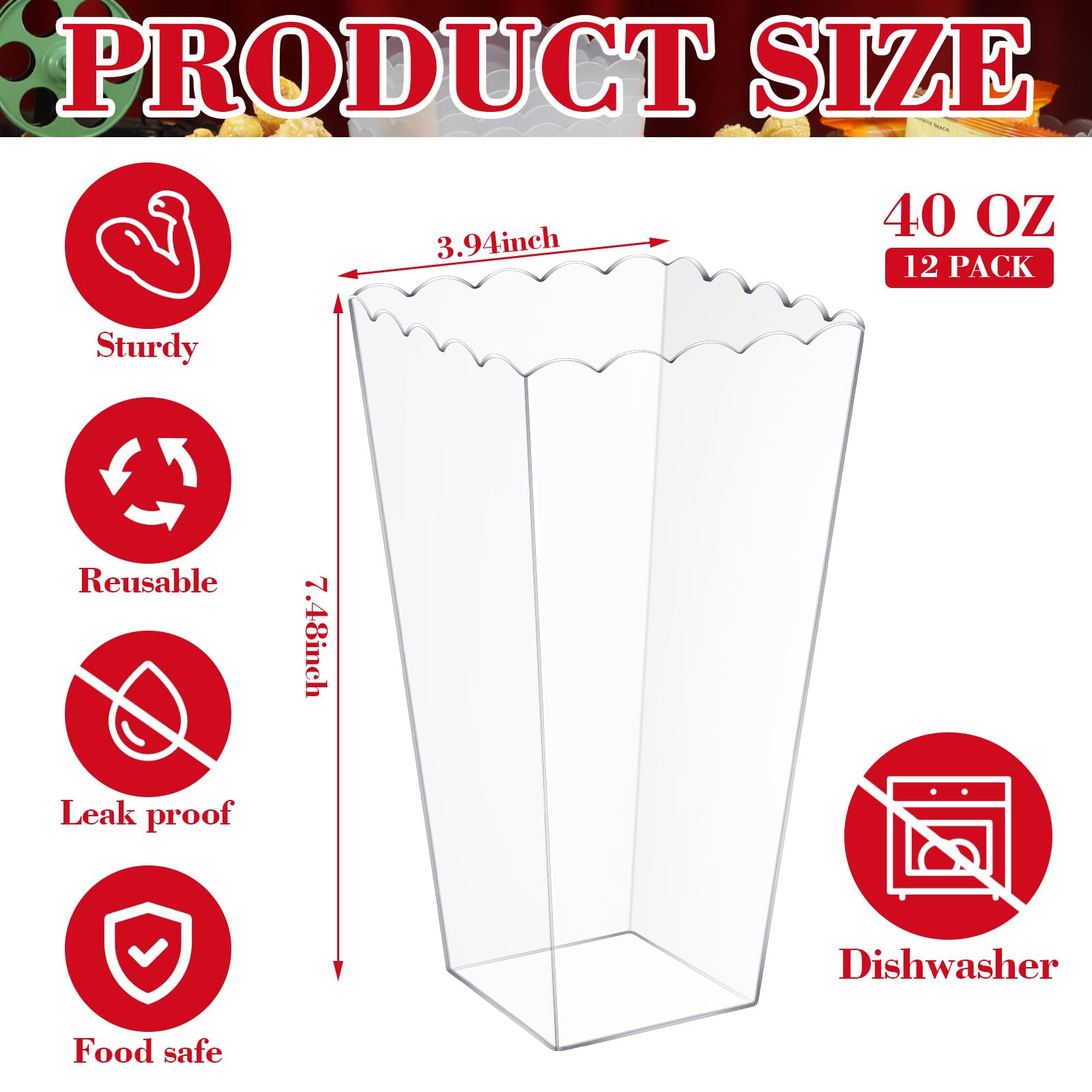 Reallnaive 12 Pack Plastic Popcorn Containers 40oz Clear Reusable Movie Theater Popcorn Bucket DIY Candy Bar Boxes Snack Bowl for Movie Night Wedding Carnival Party, 7.8 Inch Tall x 3.8 Inch Square