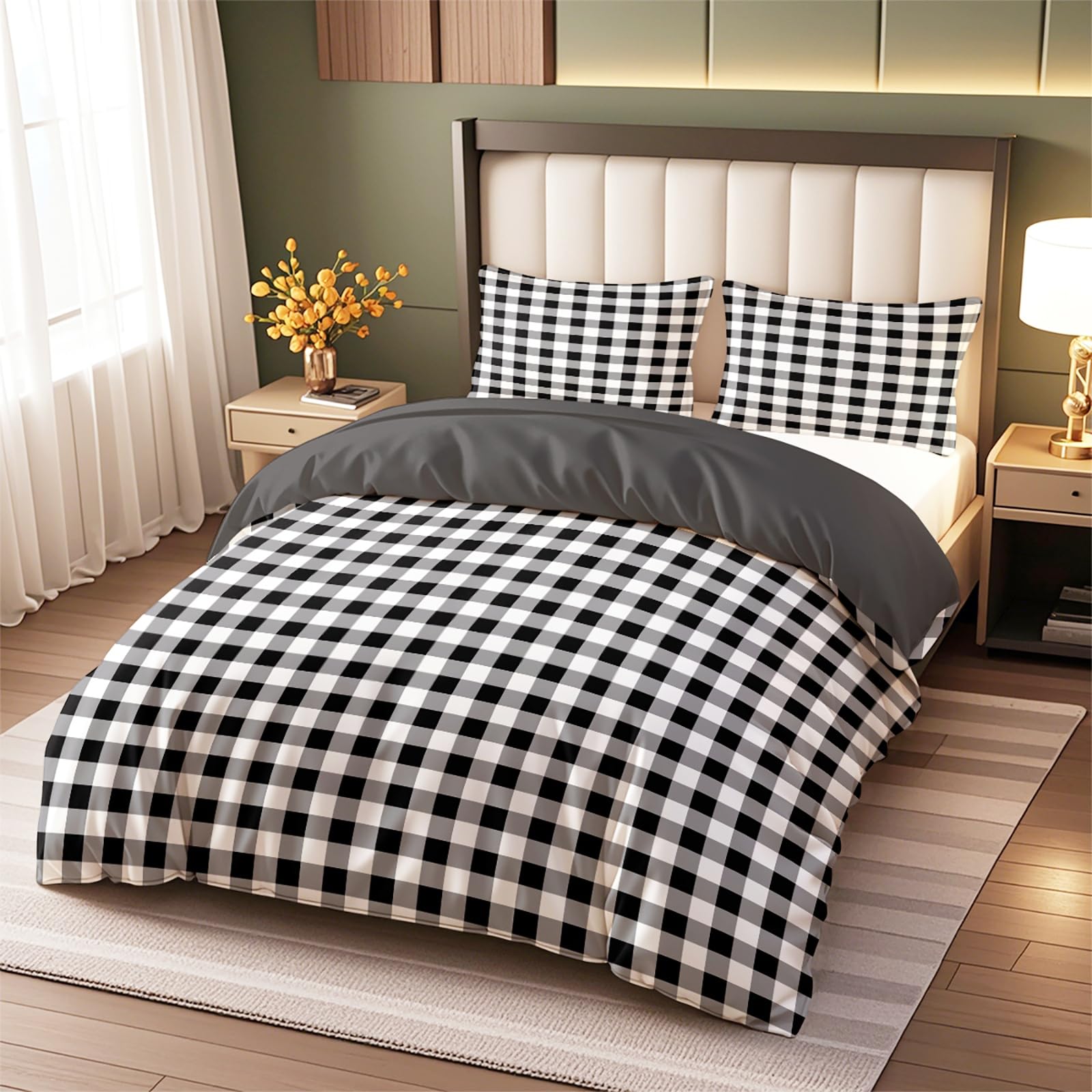 Vryxel Gingham Bedding Double Duvet Cover Set Bed Zipper Black White 200×200CM