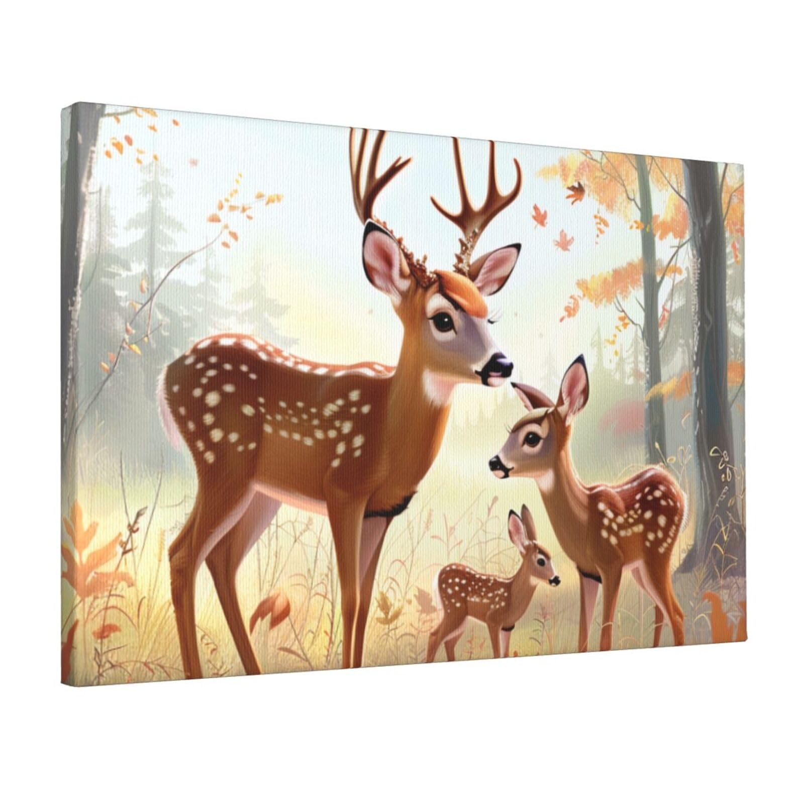 YKLJG Cute Deers Printed Wall Art Canvas Prints 45x30 CM Wooden Framed Picture Painting Artwork for Bedroom Kitchen Home Office Decor