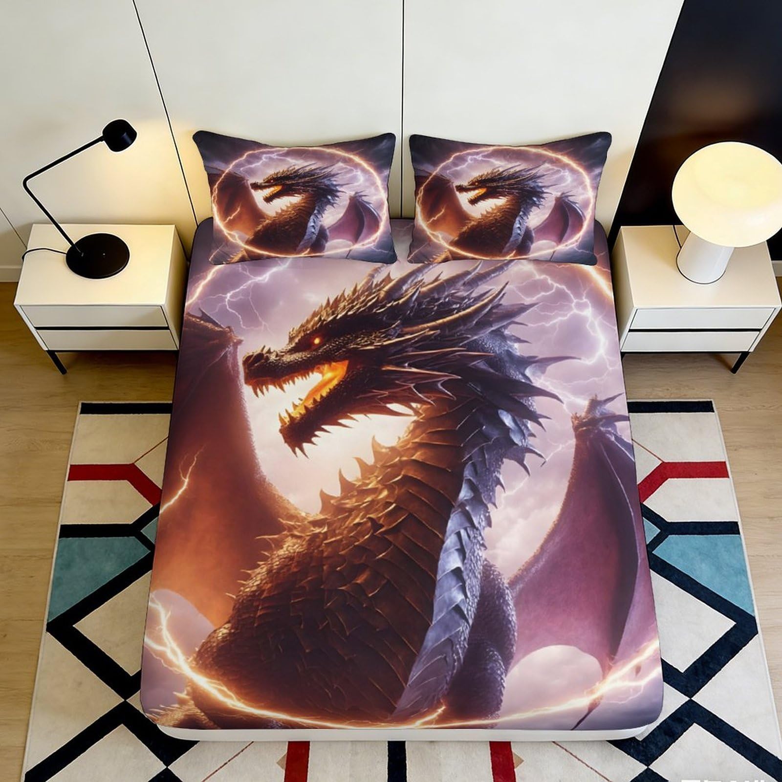 3D Printed Black Dragon Fitted Sheet Microfiber Soft Fantasy Fire Mattress Cover for Bedroom Dorm Home Decor 90x200x25cm