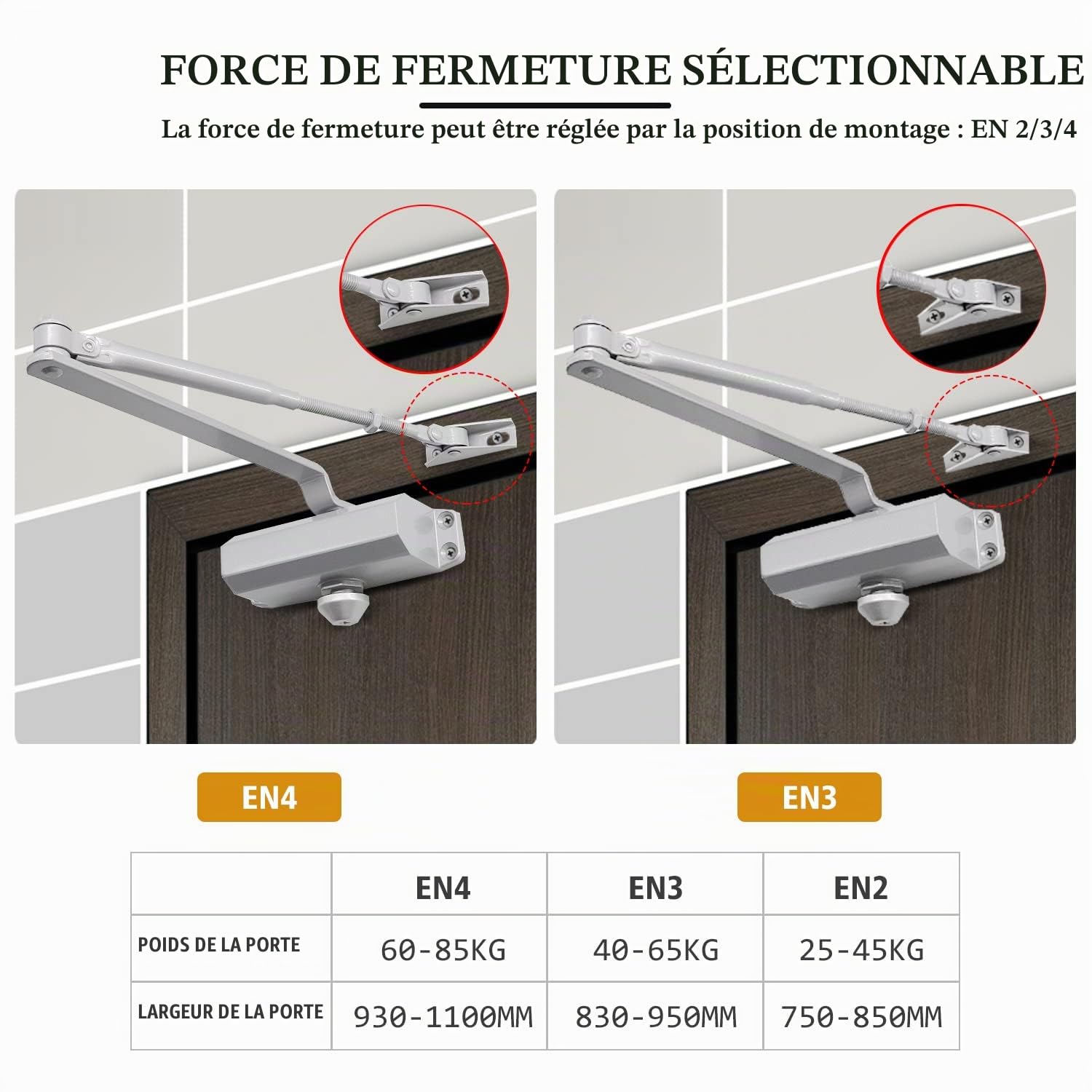MARIE Ferme porte Automatique avec Dispositif D'arrêt, Groom Fermeture Porte à Ressort Réglable, Tampon Fermé usage Commercial et Résidentiel Porte de 60-85kg Installation Vidéo EN1634-1, Noir