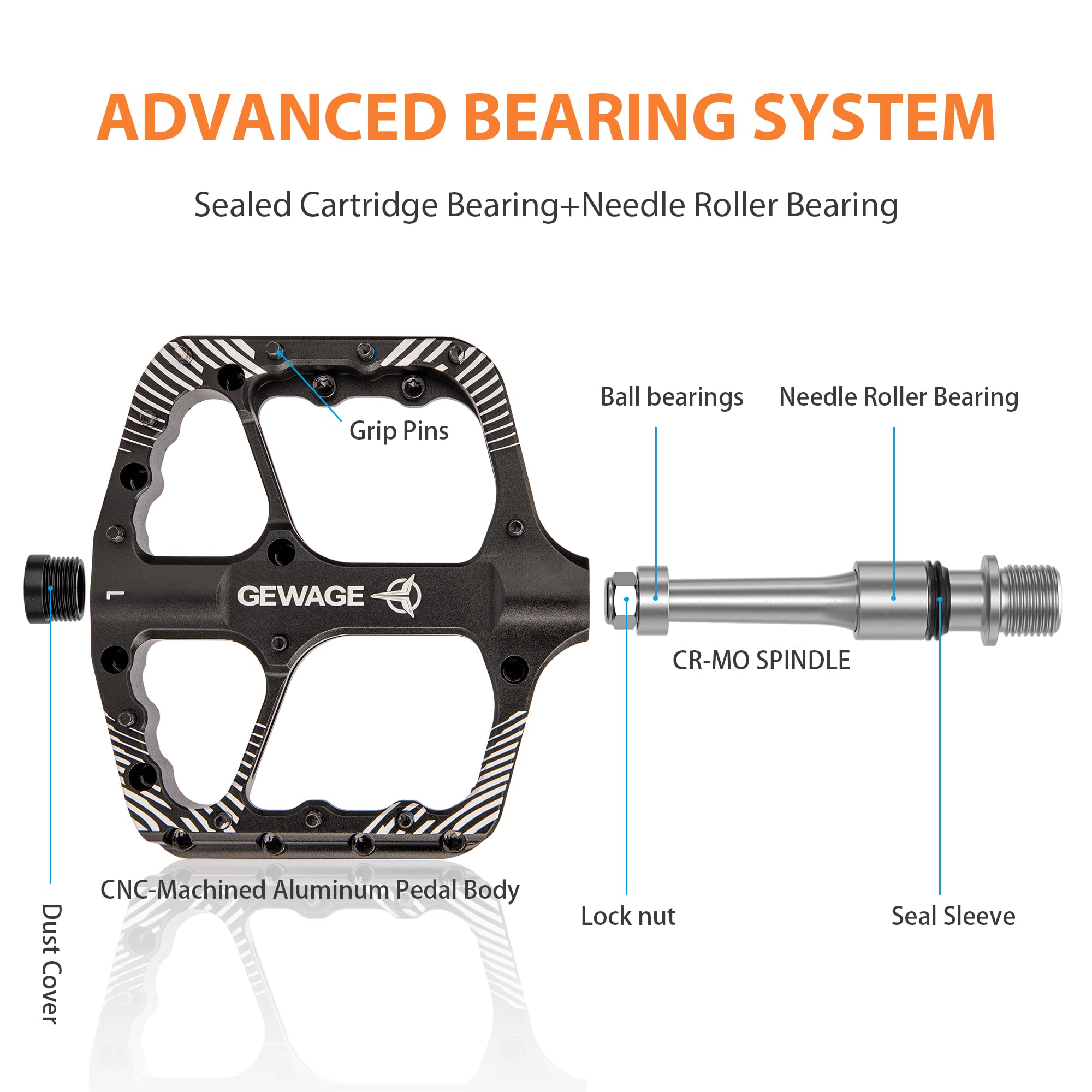 GEWAGE Pedali MTB – Pedali Bici in Alluminio CNC con Cuscinetti a Sfere + Cuscinetto a Rullini, Asse Cr-Mo, 24 Pin Antiscivolo