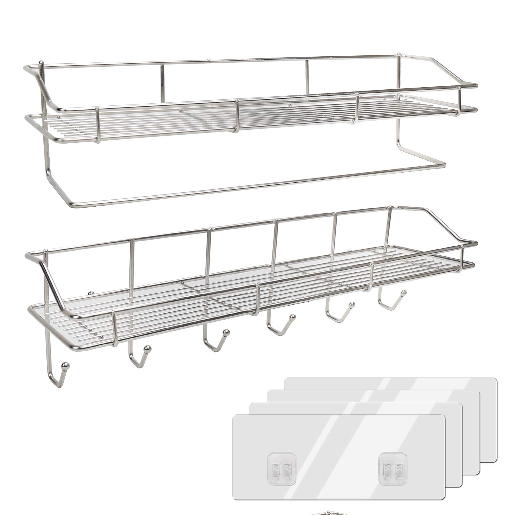 2-Pack Bathroom Shelf Kitchen Storage Organizer Basket Stainless Steel Shower Caddy with Towel Bar 6 Hooks for Shampoo
