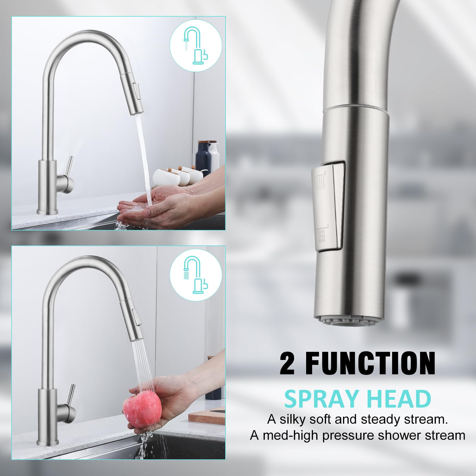 BONADE Niederdruck Armatur Küche, 360° Drehung Wasserhahn Küche mit Ausziehbare Brause, Küchenarmatur mit 3 Anschlüsse, Zwei Wasserstrahlarten Armatur Küche, Mischbatterie Küche für Boiler Gebürst
