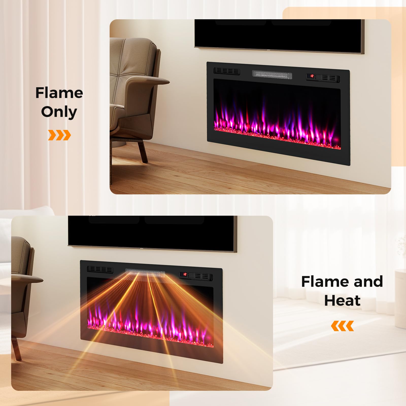GOPLUS Cheminée Electrique avec Effet Flamme, Chauffage 750W/1500W avec Écran LED, 12 Couleurs de Flammes, Minuterie 12 H, Fausse Cheminée Montage Mural et Encastré, Télécommande pour Salon