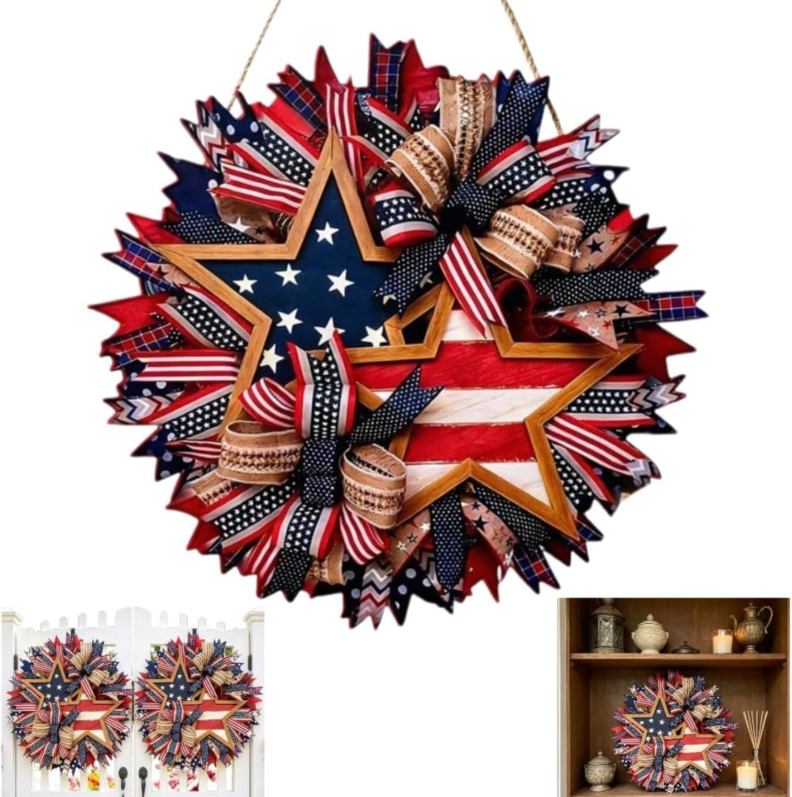 Photo 1 of 250th Anniversary Patriotic Star Wreath, 15.7'' Red White and Blue Wreath All-Weather Farmhouse Outdoor Holiday Decoration, Memorial Wreath for Front Door, 4th of July Garland for Home Wall Porch