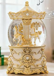 Vintage Snow Globe Music Box with Golden Carousel Horse - Classical Musi...