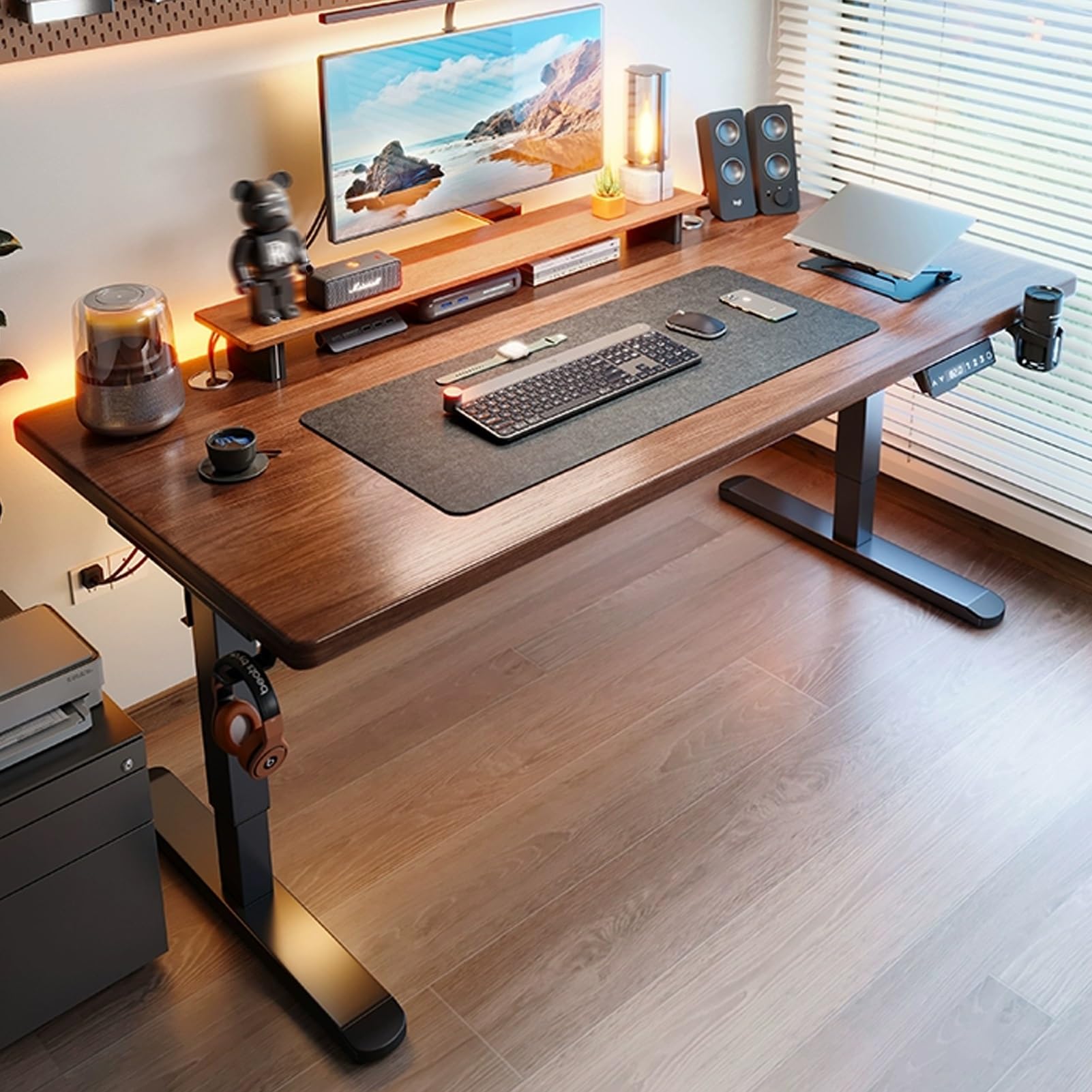 JKGHK Brown Sit Stand Desk Standing Desk with 3 Level Memory Key Computer Desk with Convenient Headphone Hook