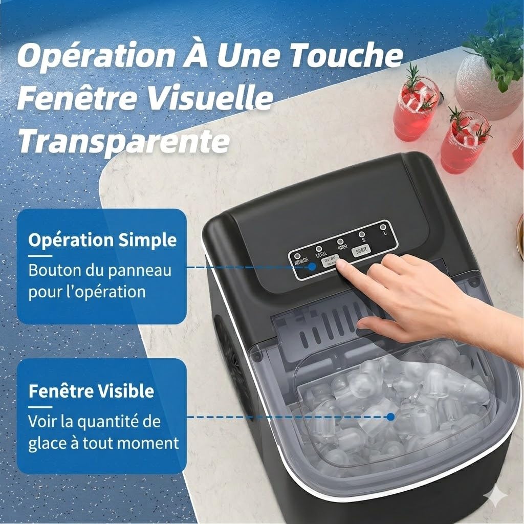 Machine à Glaçons Portable 12kg par 24h Produit 9 Glaçons en 6 Minutes Appareil avec Fonction Autonettoyante Capteur Infrarouge et 2 Tailles de Glaçons pour Cuisine et Camping Noir