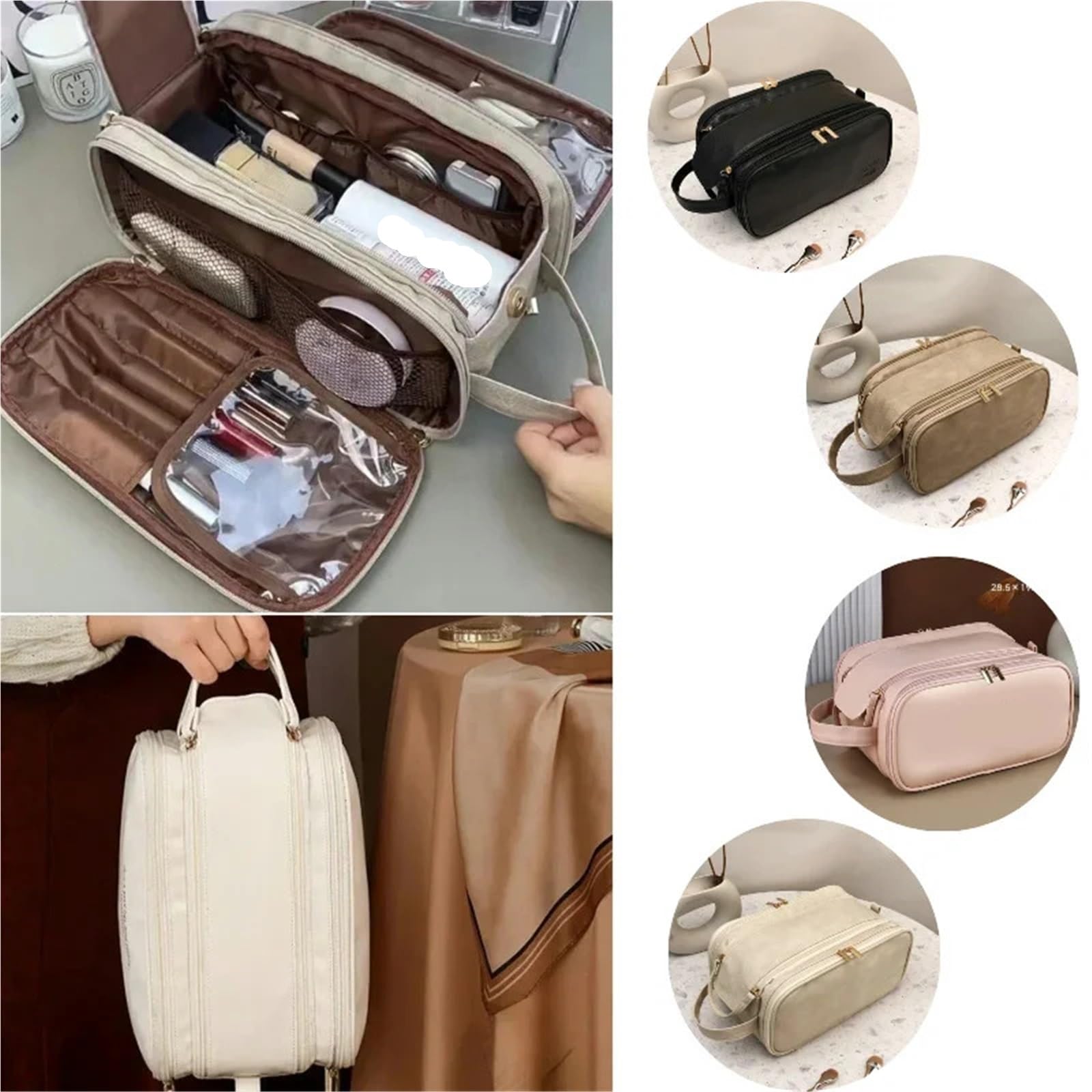 Borsa for Il Trucco per i Viaggi | Doppia cerniera portatile multifunzionale in pelle PU di grande capacità(Black)