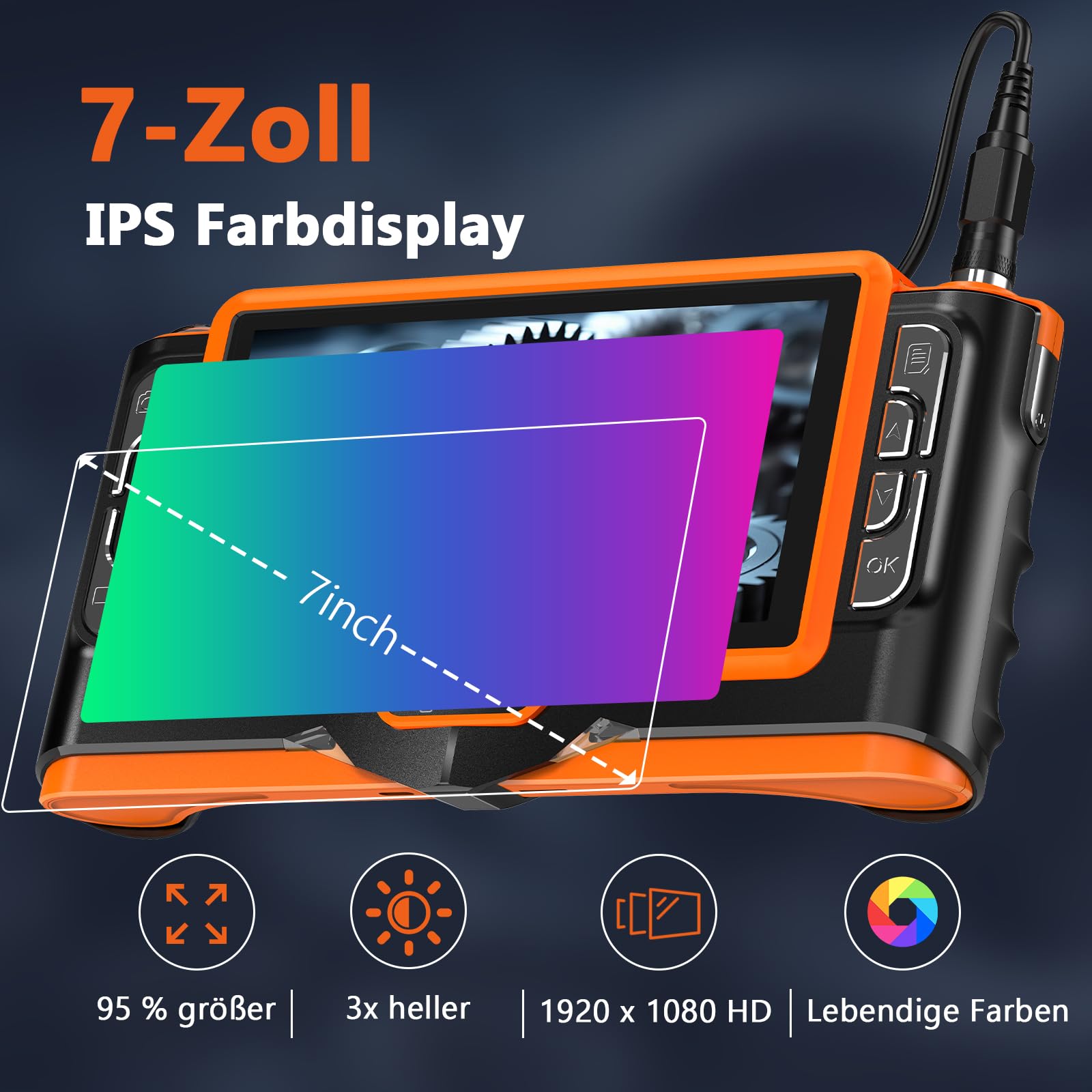 7" IPS Endoskopkamera mit Licht, 1920P HD Doppellinse - IP68 wasserdichte Inspektionskamera, 8+1 LED Rohrkamera, Halbstarres Kabel mit Taschenlampe, Auto, Rohre & Haus, Plug & Play - 5m/16ft