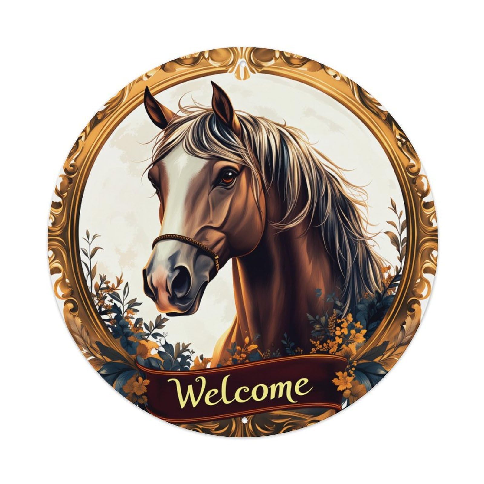 Horse Portrait Floral Welcome Round Tin Sign Vintage Metal Poster, Home Bar Garage Man Cave Cafe Indoor & Outdoor Wall Decoration 8x8Inches