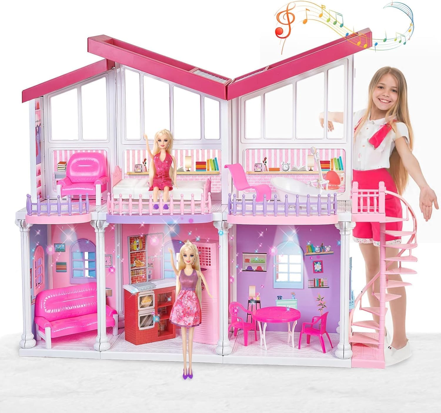 Large Plastic Dream Doll House, Dollhouse 2024 with Play Kitchen& Big Furnitures? Lights&Music, Playhouse Toys Gifts for 3 to 12 Year Olds Girls Kids Toddlers