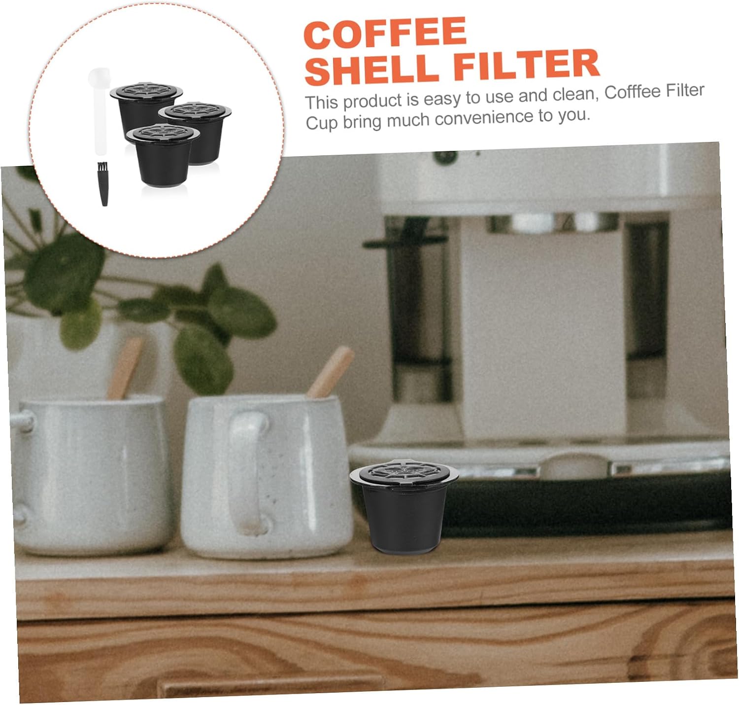 Reusable Coffee Filter Cup with Brush Spoon Household Coffee Strainer for Capsule Machines Black Cups