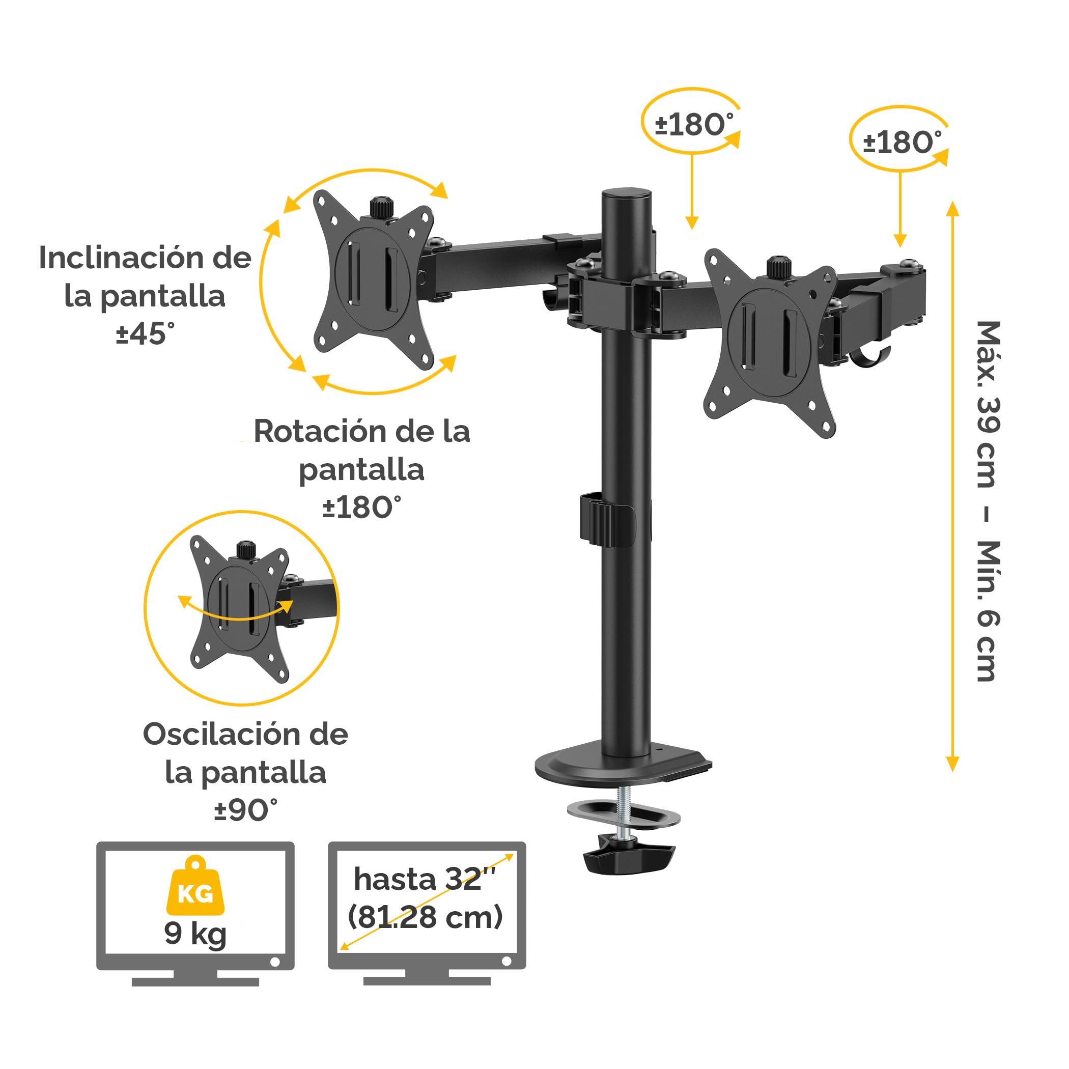 Fellowes Brazo para Monitor Doble Ajustable Everyday, soporta 2 Pantallas de hasta 32" y 9kg Cada una, inclinación, Giro, rotación, VESA 75/100, Montaje con Abrazadera u Ojal, gestión de Cables