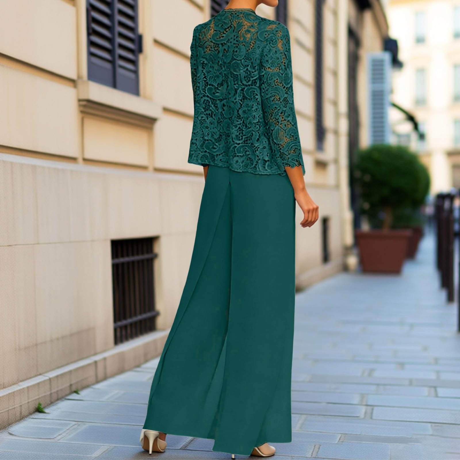 Generisch Tuta da donna, 3 pezzi, in chiffon, per la mamma della sposa, elegante, in pizzo, con cardigan a maniche lunghe, con gamba larga, set di pantaloni alla moda, per matrimoni, feste di nozze