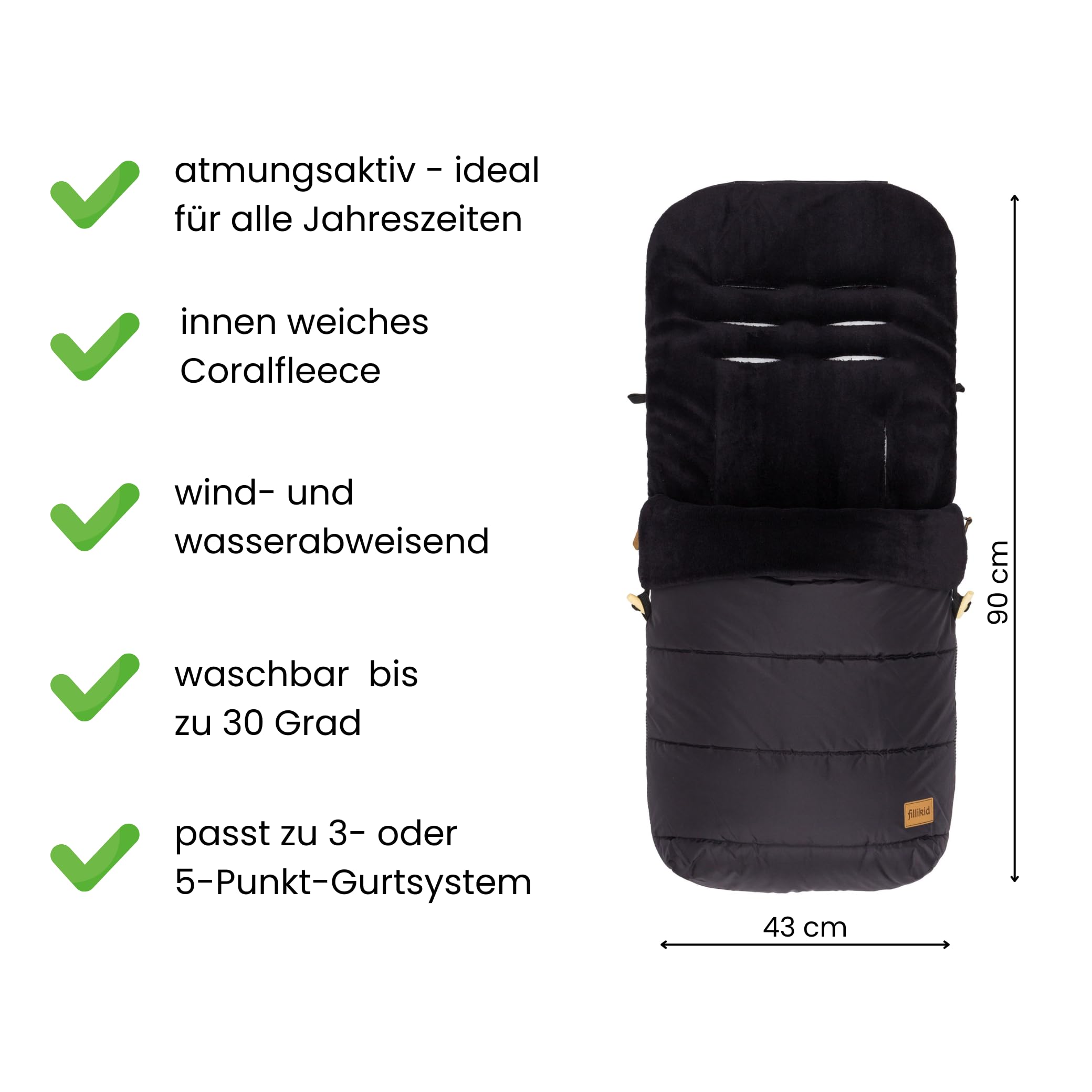 Fillikid Winterfußsack Lanin Exclusiv | Winter-Fußsack für Kinderwagen, Sportwagen & Buggy mit Anti-Rutschschutz, weicher Thermo-Fleece, Design:schwarz