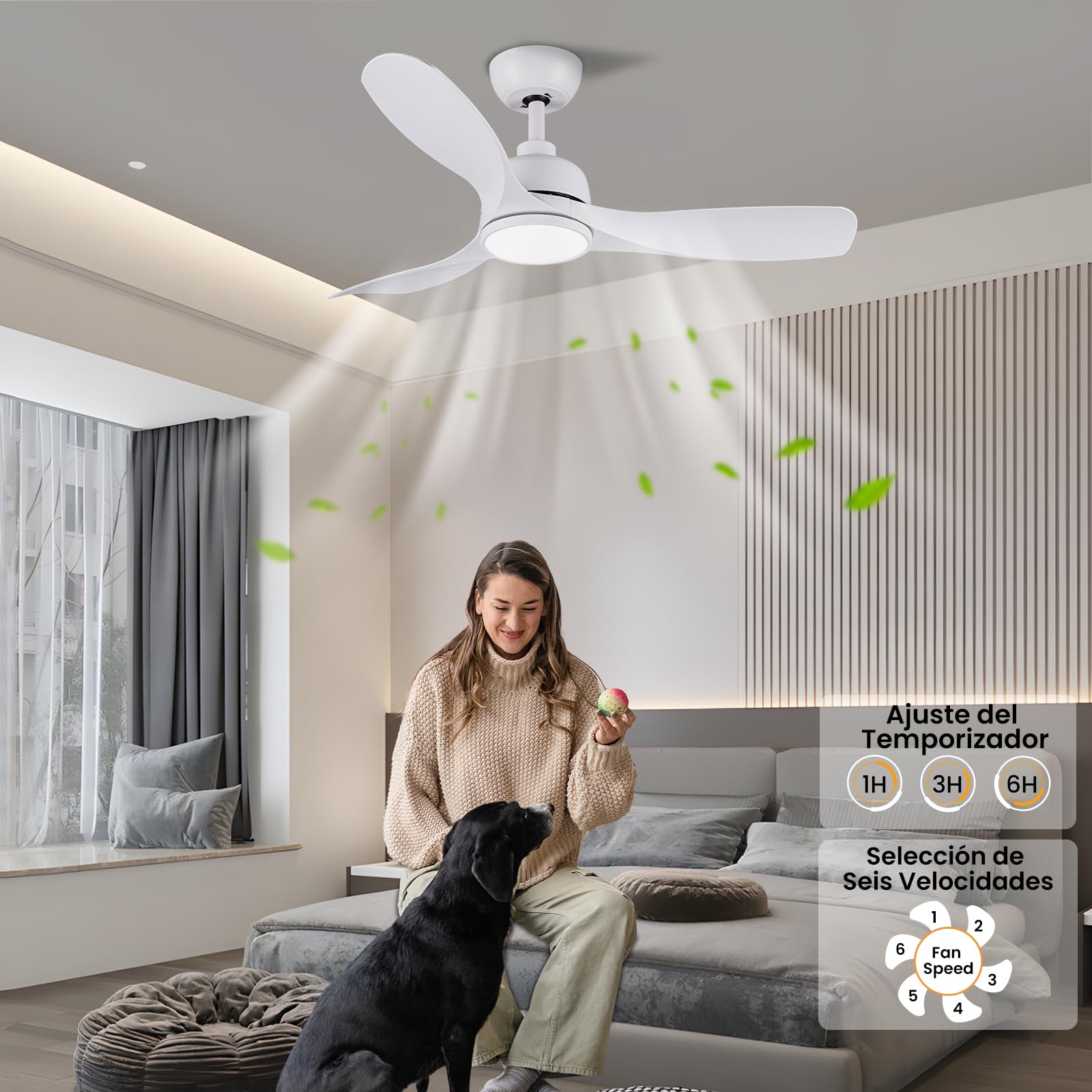 CJOY Ventilador de Techo con Luz 107cm, Blanco Ventiladores de Techo con Mando Silencioso, 6 Velocidades, Memoria 3 CCT, LED Regulable, DC Reversible, Temporizador, Para Dormitorio/Salón/Cocina