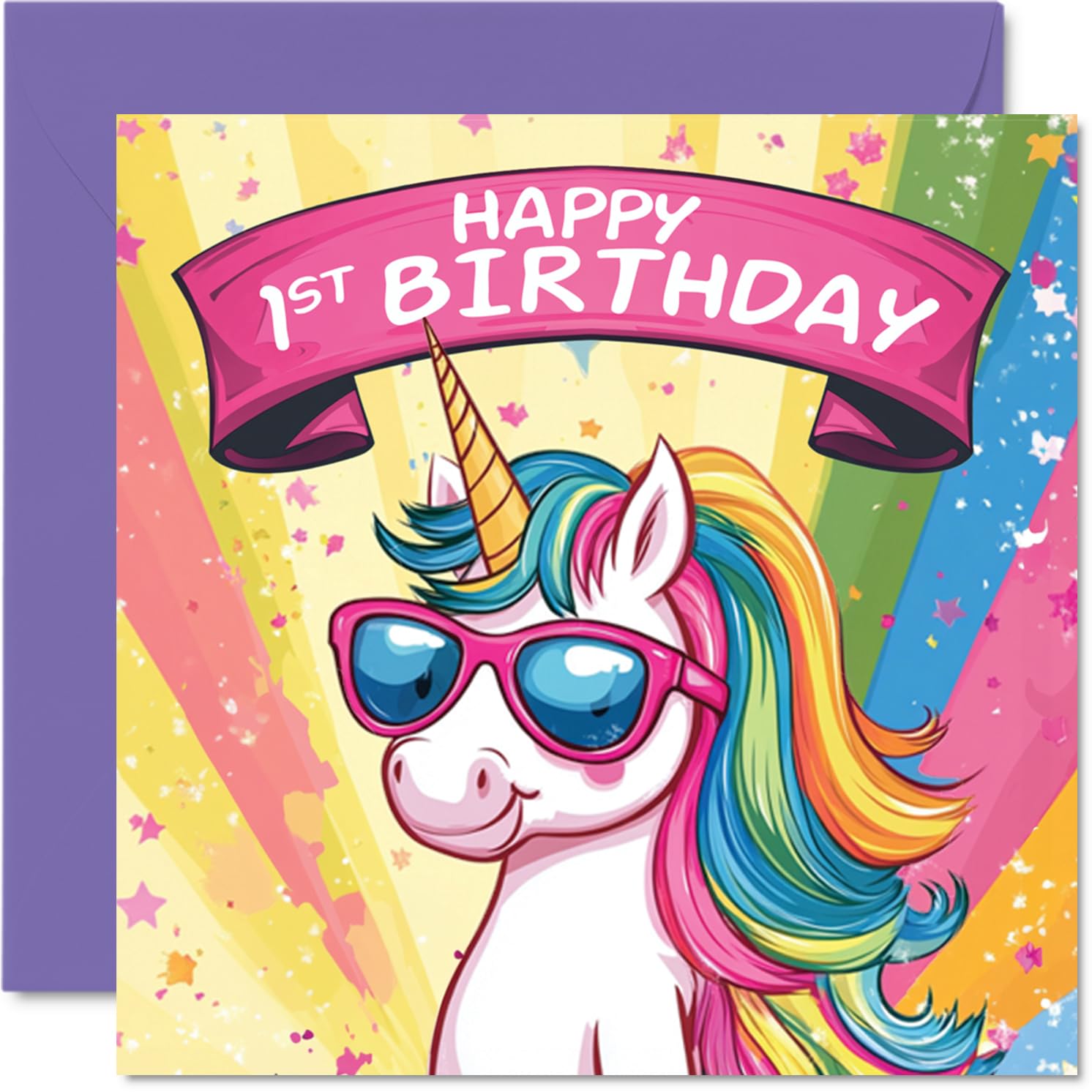 1st Birthday Card Girls, Cool Unicorn Sunglasses
