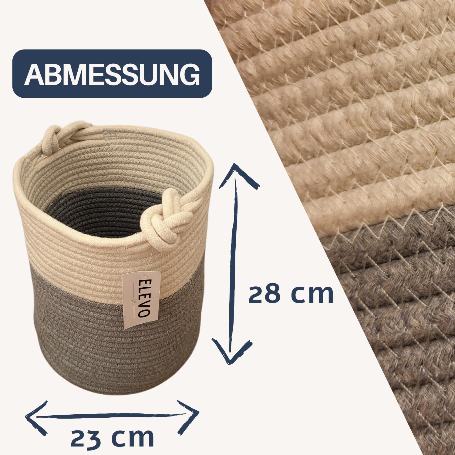 ELEVO Korb klein 23x28cm, Aufbewahrungsbox, Aufbewahrungskorb, Blumentopf, Wäschesammler, Spielzeugkiste, Treppenkorb, Seilkorb, Papierkorb, für Badezimmer, Organizer, Übertopf für Pflanzen (Größe M)