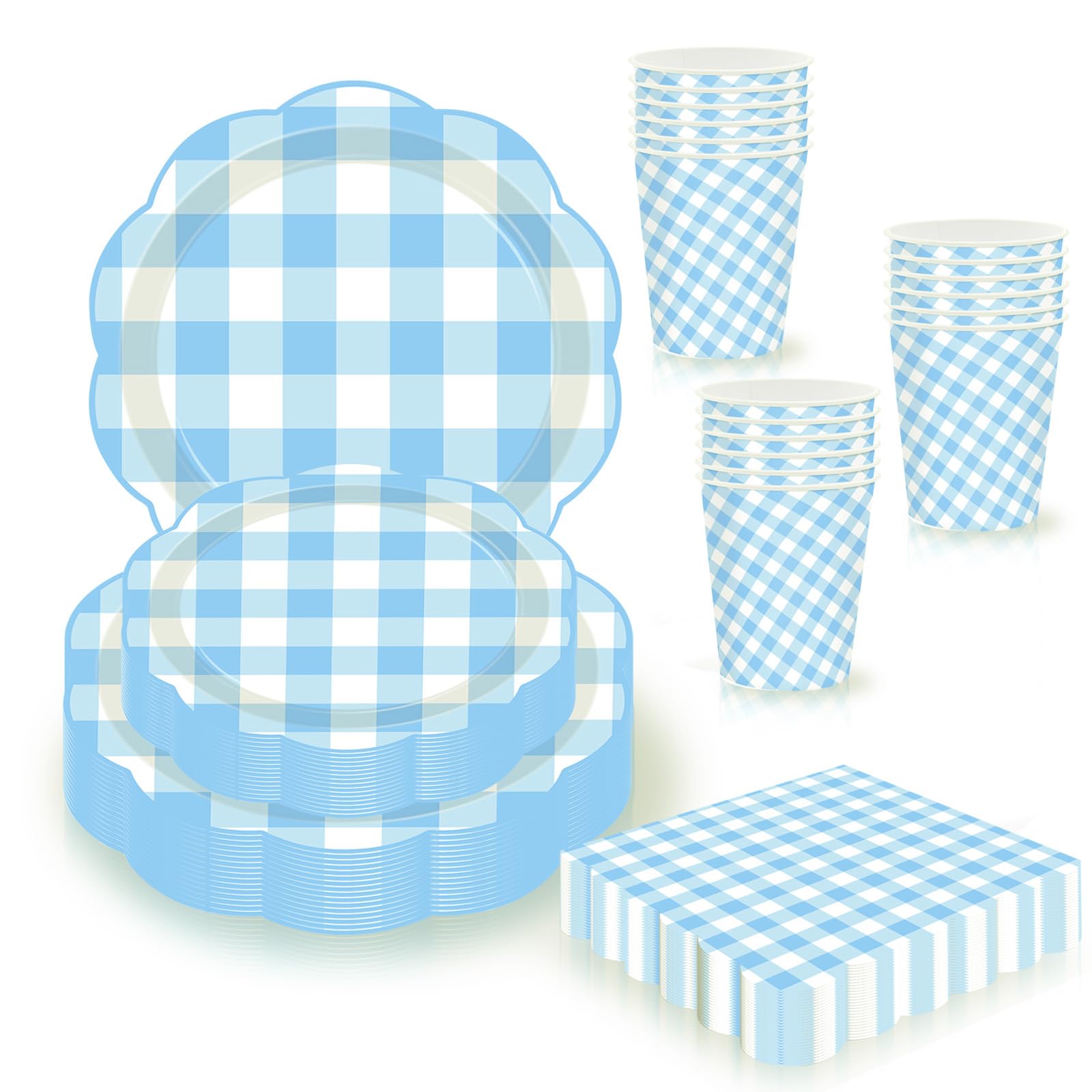80pcs White and Blue Gingham Paper Plates and Napkins Party Tableware Disposable Set,Scalloped Checkered Dessert Plate Cups Napkin Serviettes for Girls Boys Birthday Baby Shower Easter Picnic Party