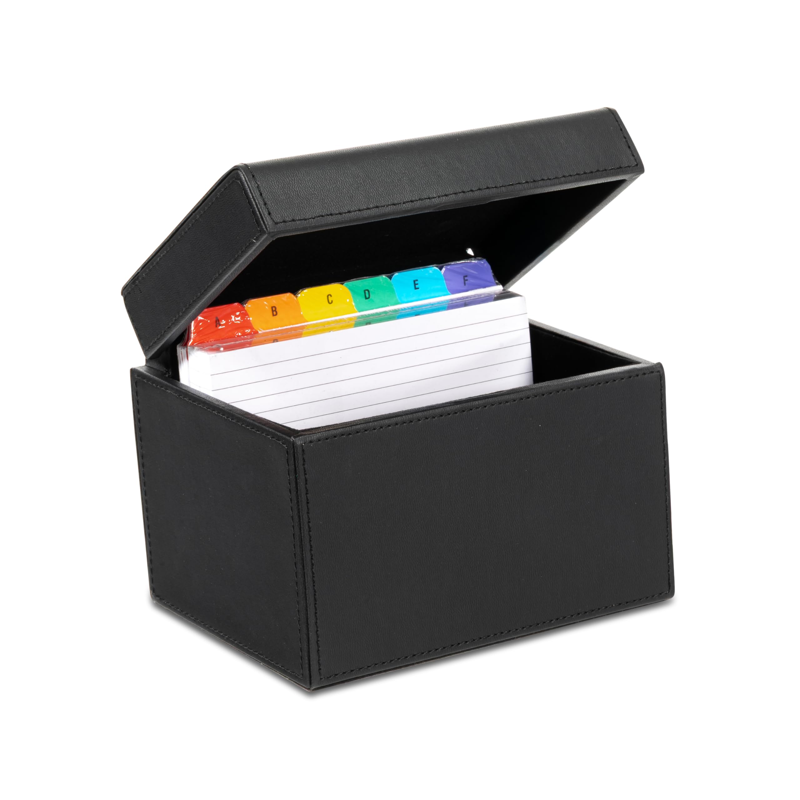 OSCO Black Faux Leather Index Box, A to Z Divider Tabs, 100 Lined Note Cards, Ruled Revision Flash Card, Recipe Notes, Office Contacts Filing, Desktop Organiser, Holds 6" × 4" Cards (148 × 105 mm)