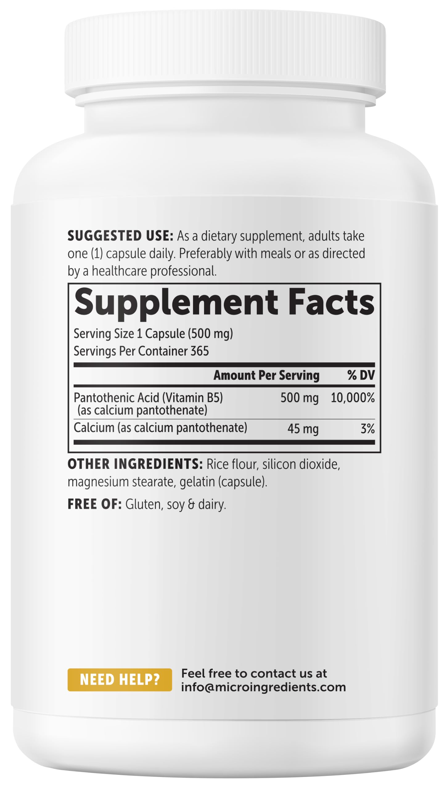 Micro Ingredients Pantothenic Acid, 500mg Vitamin B5 Per Serving | 365 Caps — Amazon image 9