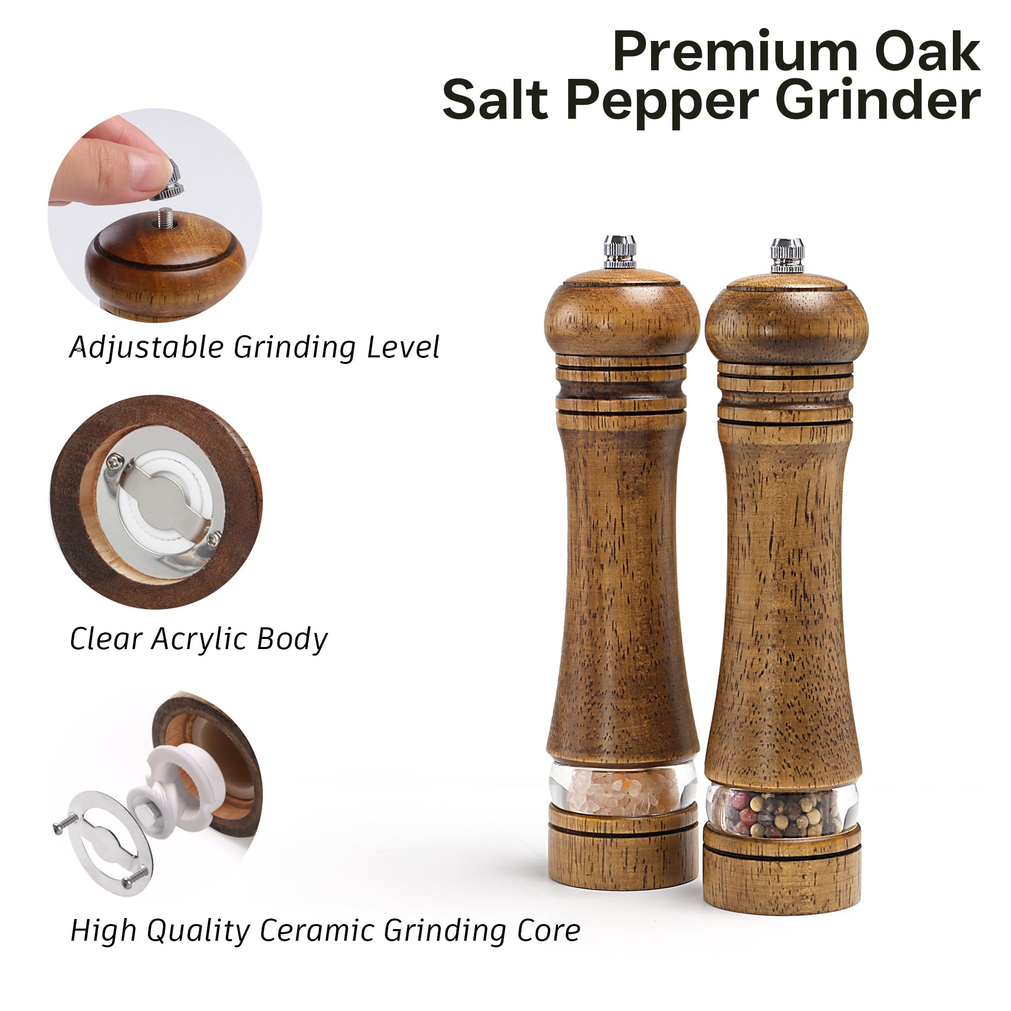 Macina sale e pepe in legno con finestra in acrilico, macinapepe in legno, meccanismo di macinazione in ceramica regolabile, ricaricabile per varie spezie (22 cm, confezione da 2)