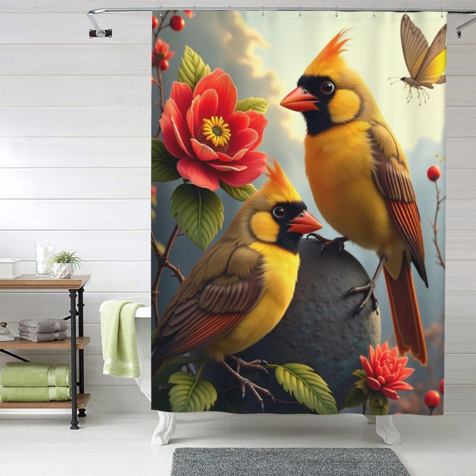 Rideau de douche moderne motif oiseaux pour une salle de bain zen