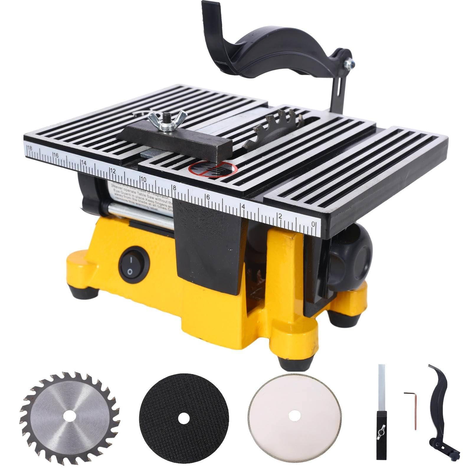 FRITHJILL Compact 4-Inch Mini Table Saw - 90W Portable Precision Cutting Tool with 3 Interchangeable Blades for Wood, Metal, Plastic & More - DIY & Craftsman's Dream, Yellow