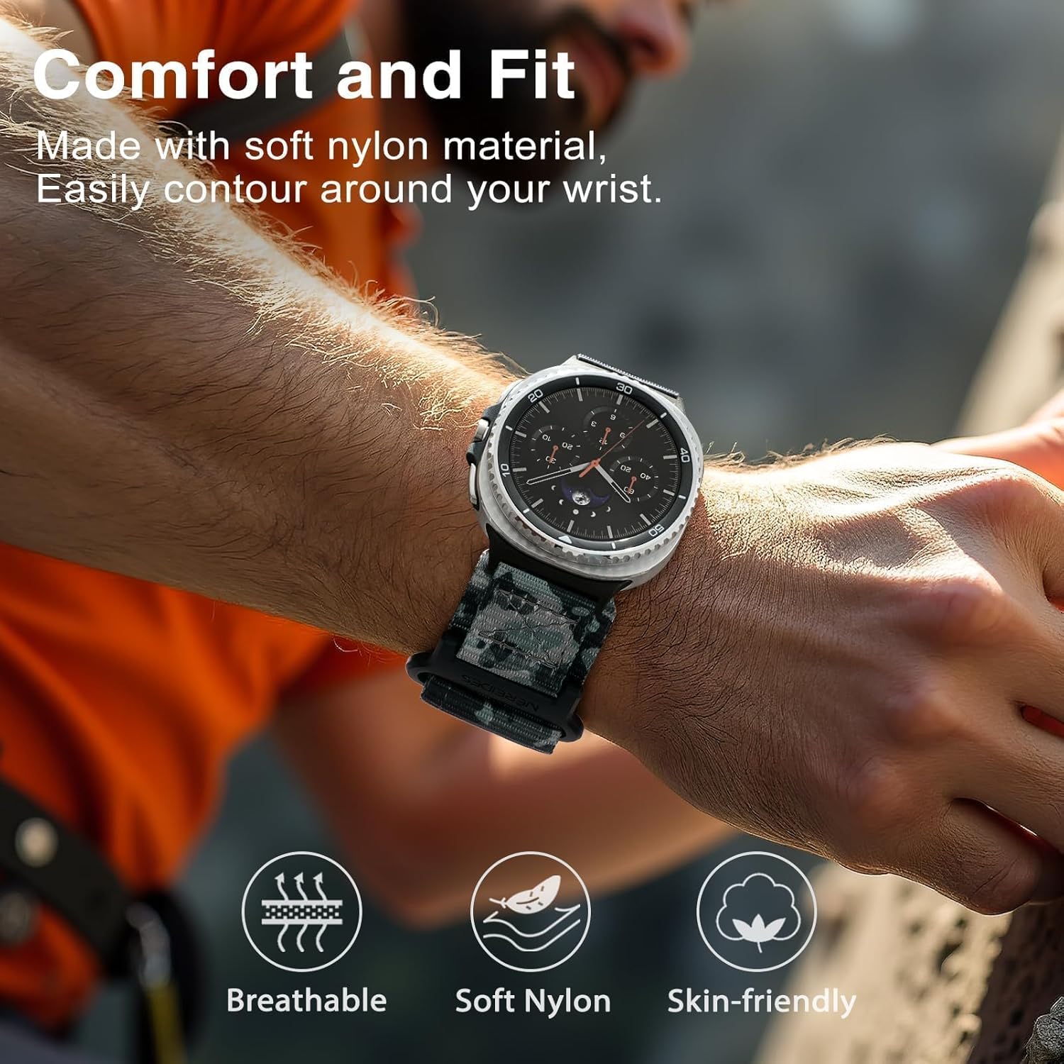 Nereides Nylon Hook and Loop Sport Band ONLY for Samsung Galaxy Watch 8 Classic (46mm) & Watch 8 (40mm/44mm), Rugged Adjustable Replacement Strap, Breathable Lightweight band for Men Women Green Camo