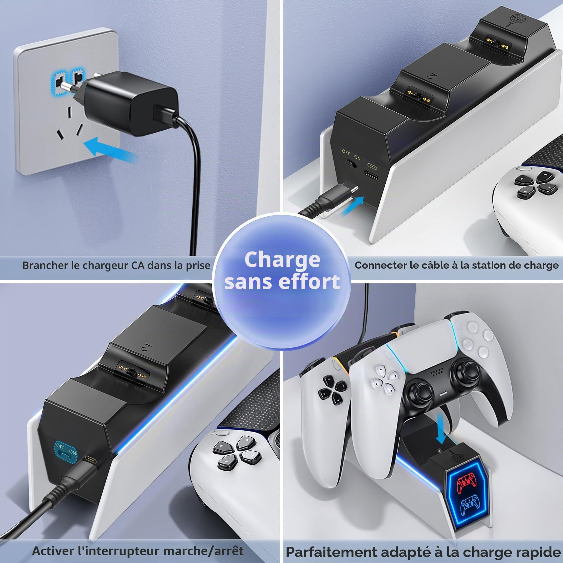 Station de Recharge PS5, Chargeur Manette PS5 pour DualSense PS5&Edge, Dock Manette PS5 avec Indicateur LED et Adapteur, Accessoire PS5 pour Scole PS5