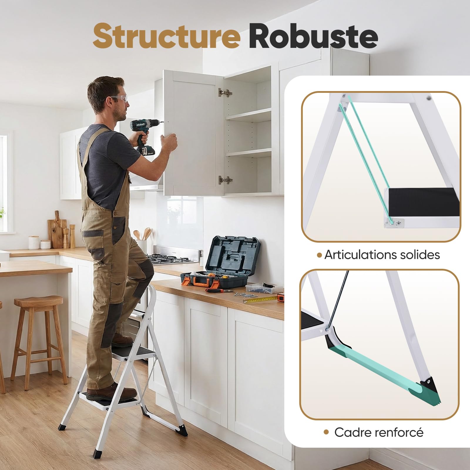 Sekey Escabeau 2 Marches Pliable, Petit Escabeau Pliable Compact, Marchepied Escamotable en Acier Sécurisé, Antidérapant pour Usage Domestique, Certifié SGS EN14183, Charge Maximale 150 kg