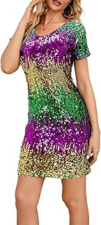 Mardi Gras Dress for Women V Neck Sequin Bodycon Mini Club Dress Short Sleeve Casual Holiday Sparkly Party Dress - Buy now