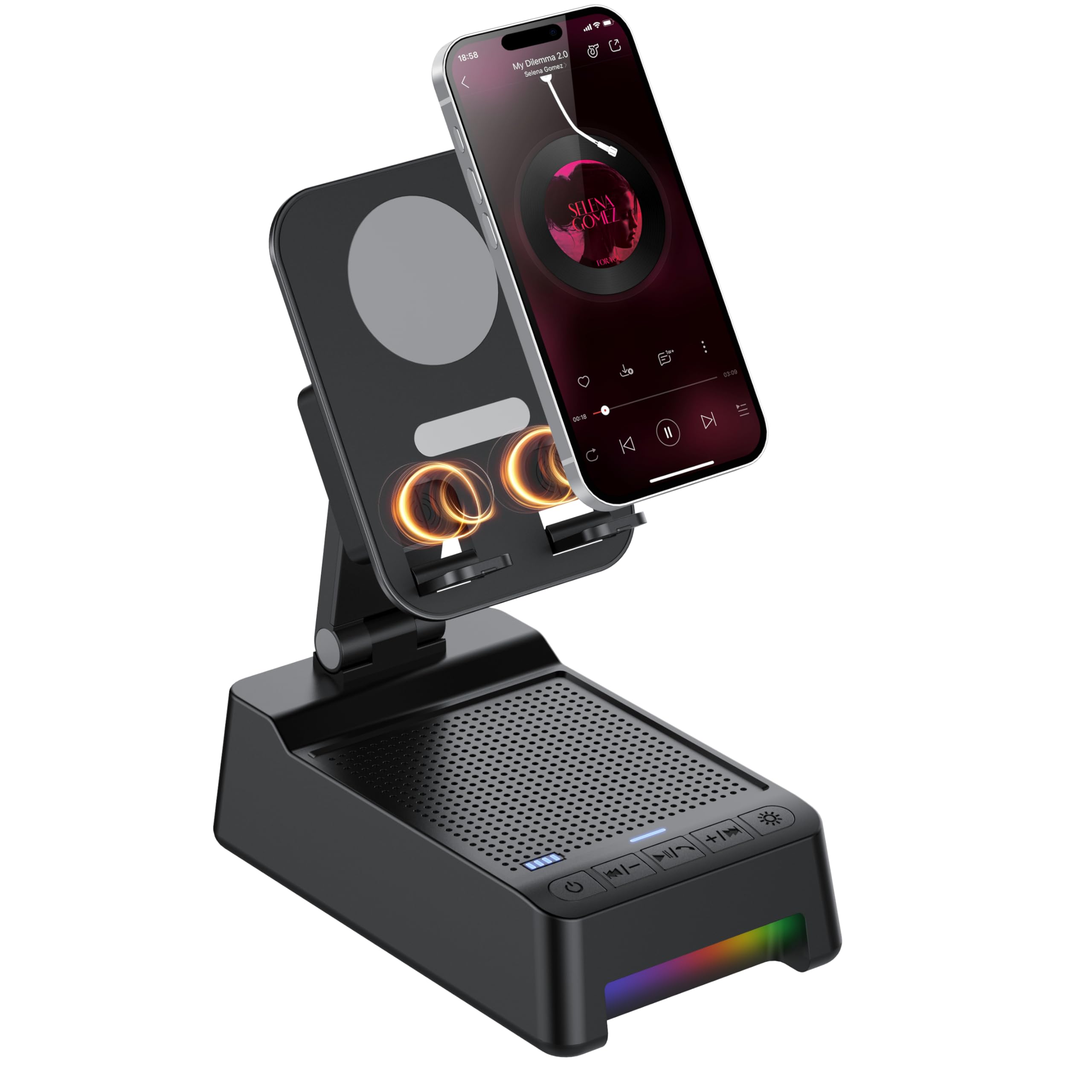 Wireless Induction Speaker, 5 in 1 Bluetooth Speaker with Phone Stand and Power Bank(3000mAh), Birthday Gifts for Men Women Teens, LED Lights 360° Rotation Phone Holder Compatible with Phones iPad